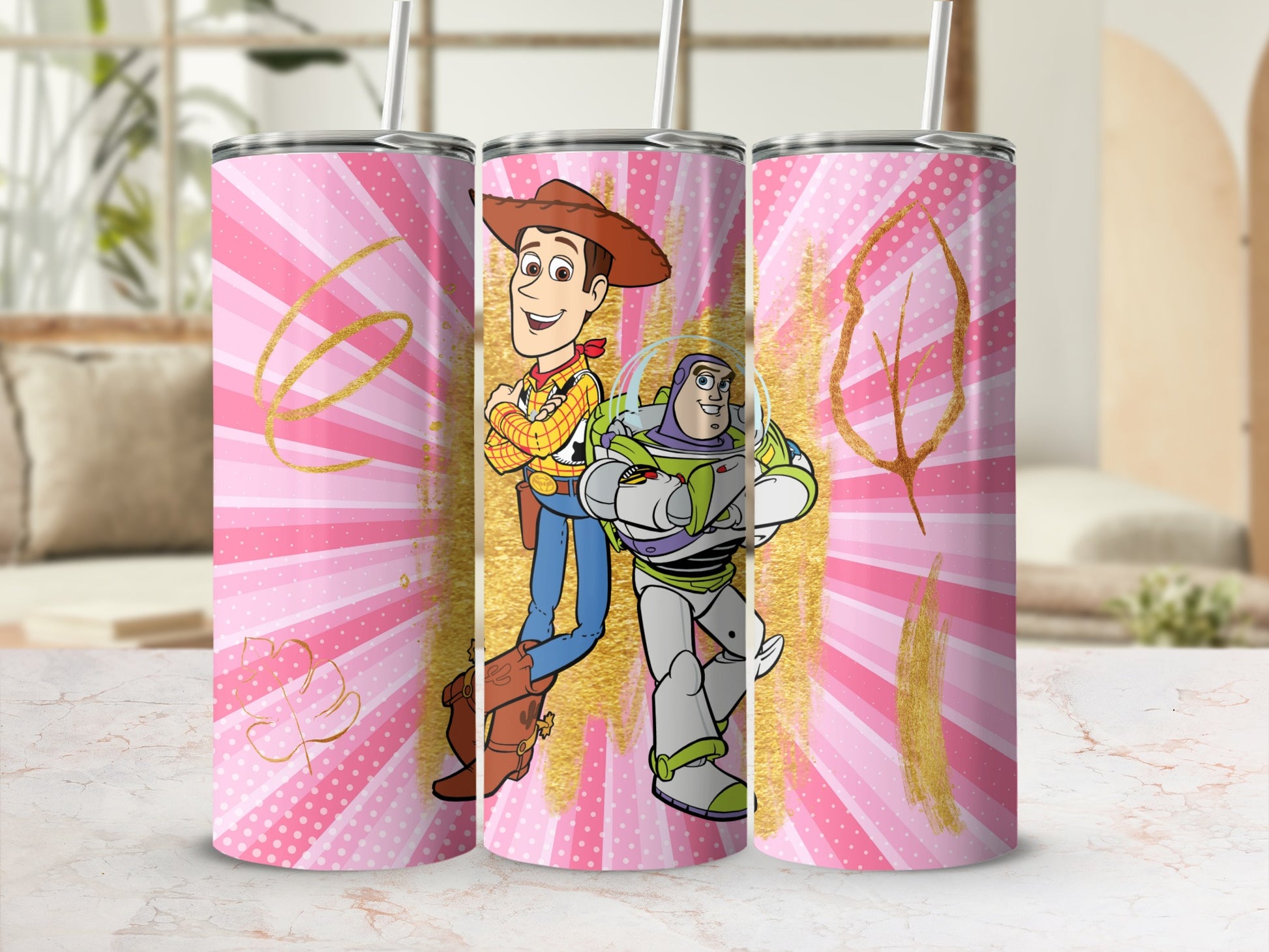 Woody and Buzz Pink Tumbler Cup with Leaf Design