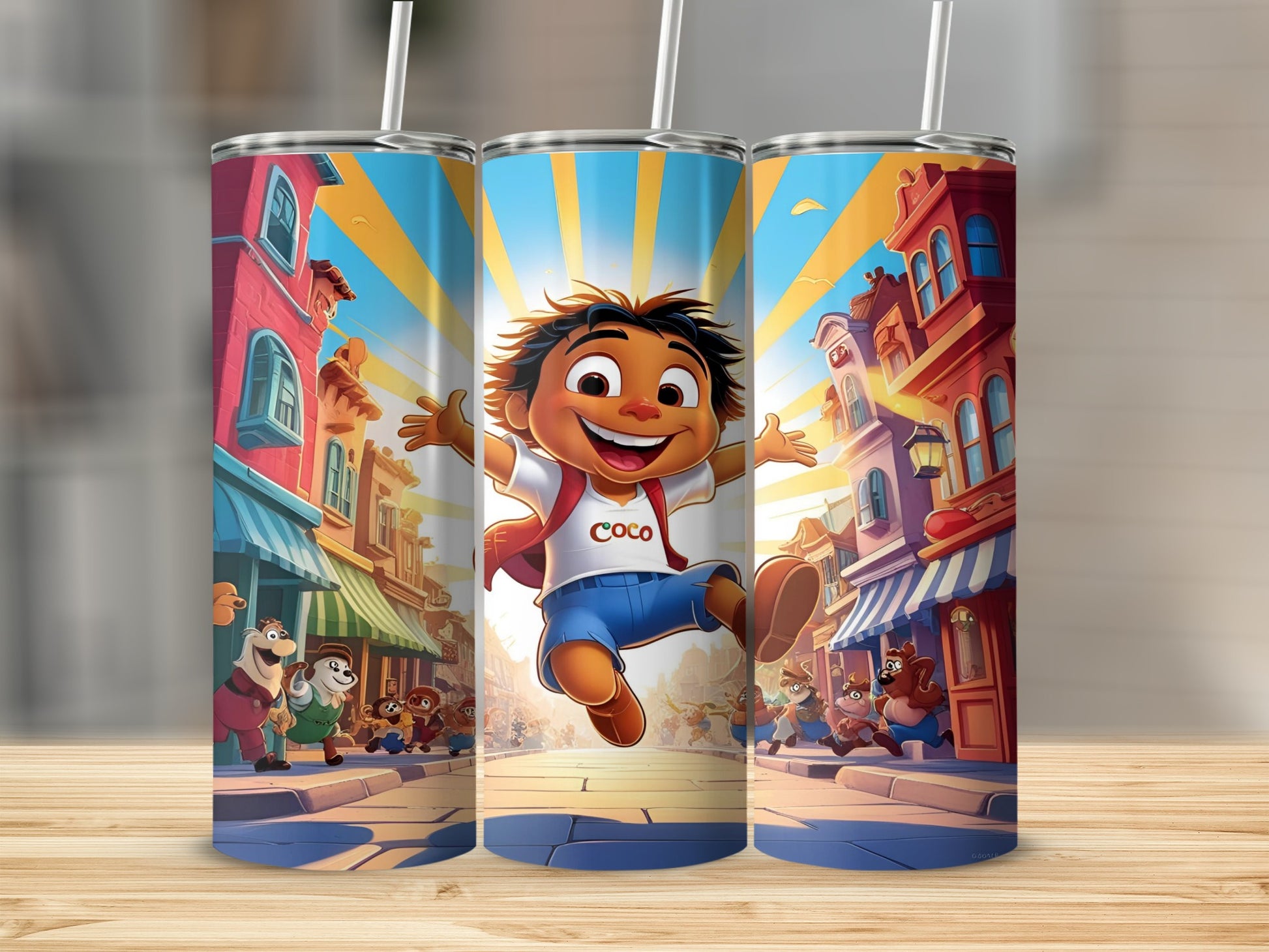 Cartoon boy jumping in street with buildings and animals.