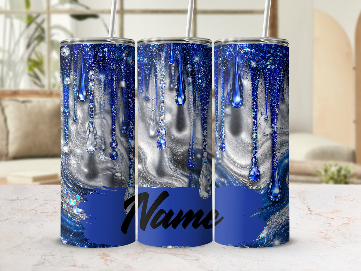 Three tumblers with blue glitter drips, diamonds, and "Name" text.