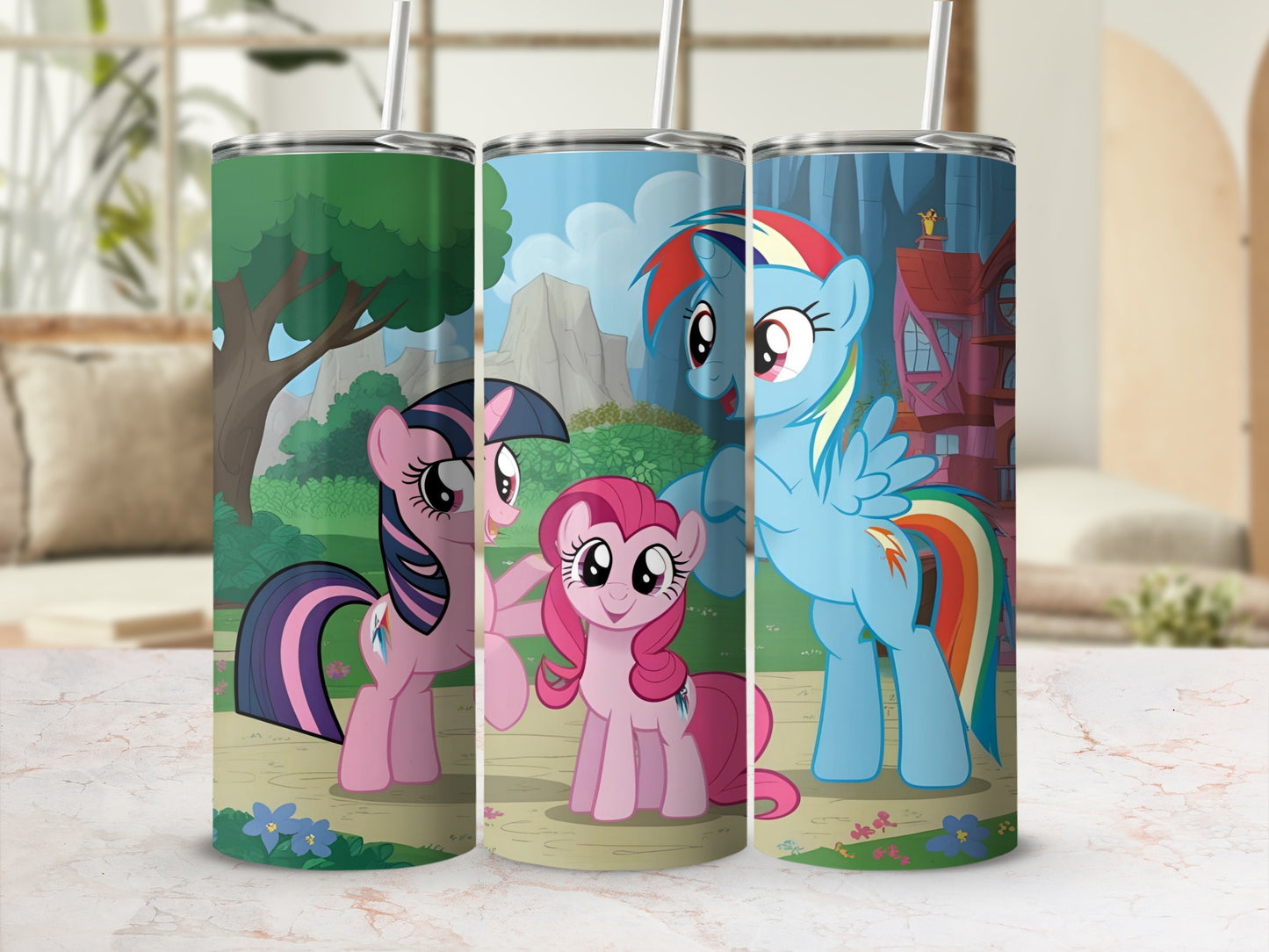 My Little Pony characters Twilight Sparkle, Pinkie Pie, and Rainbow Dash on a tumbler.