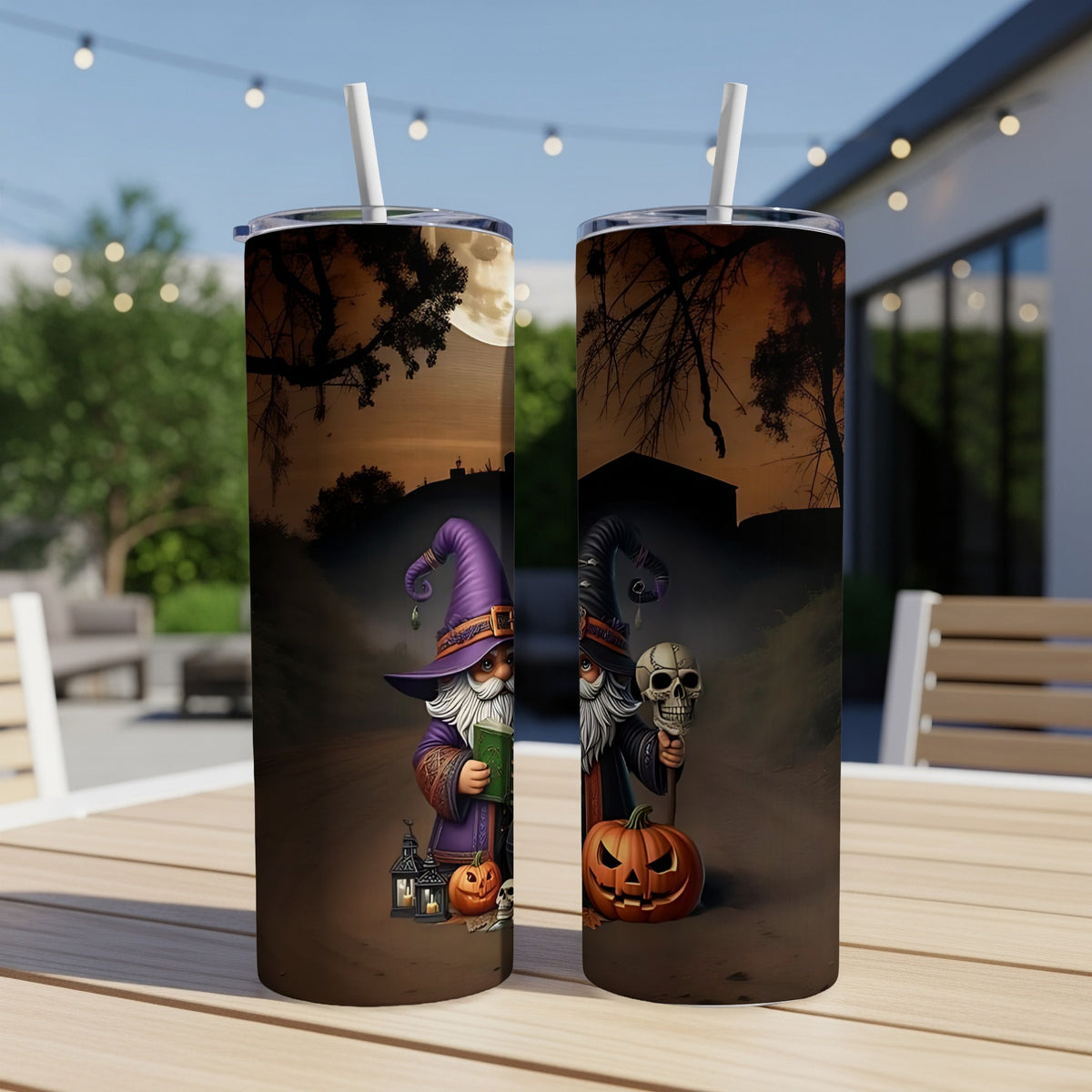 Two tumblers feature Halloween designs with gnomes, pumpkins, and skulls.