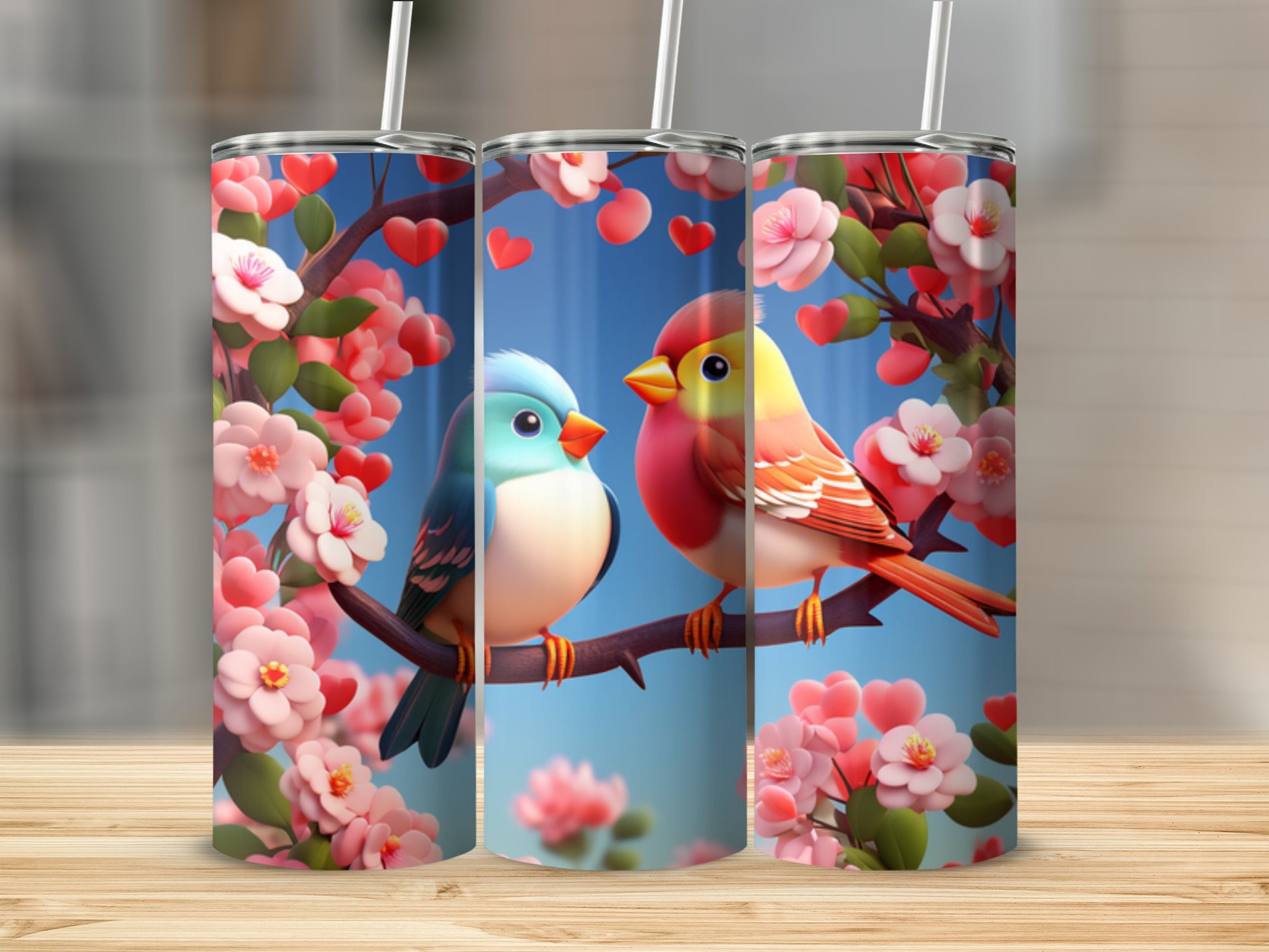 Two lovebirds perched on a branch with pink blossoms and hearts.