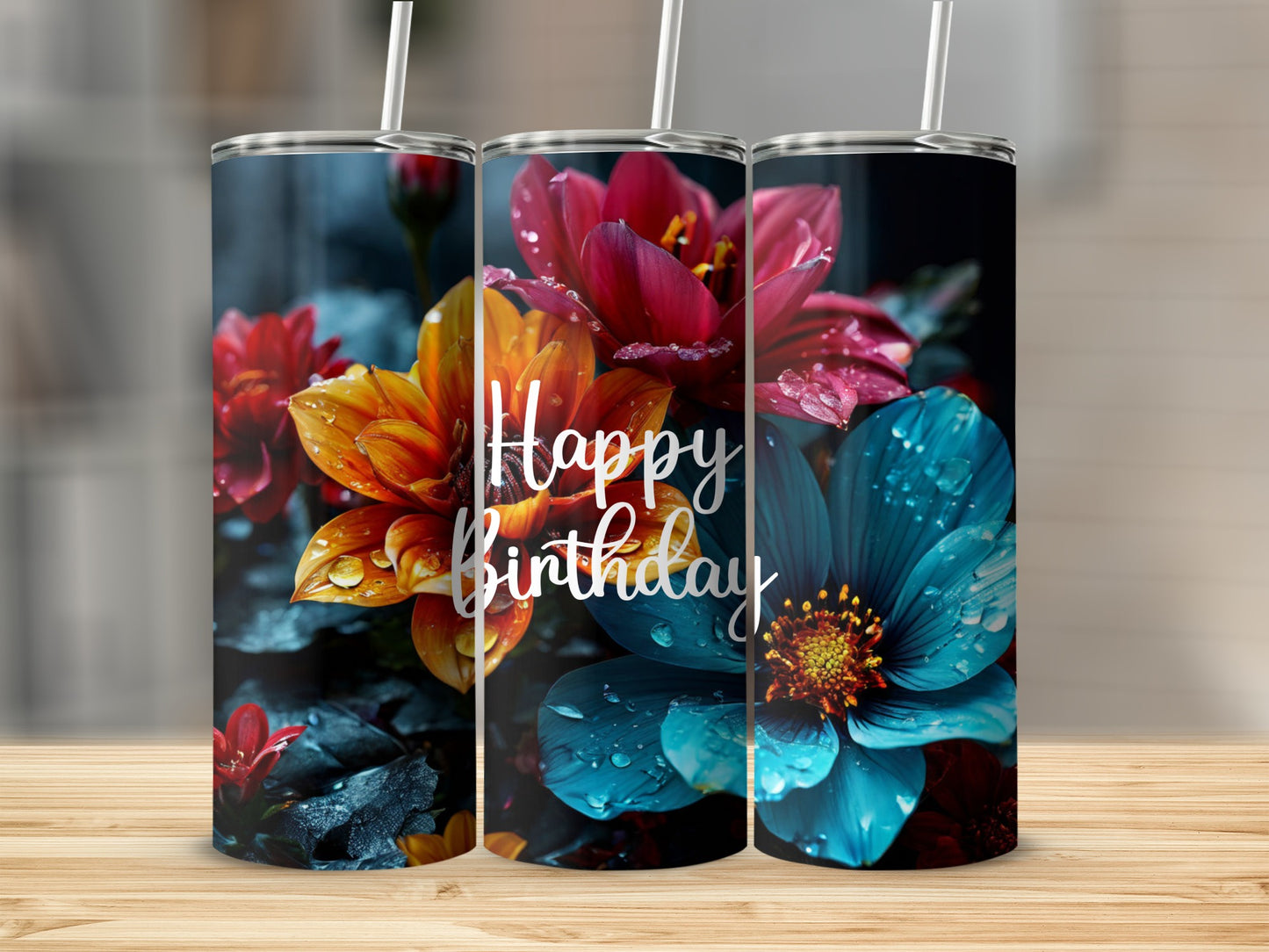 Tumbler with "Happy Birthday" text and close-up floral design.