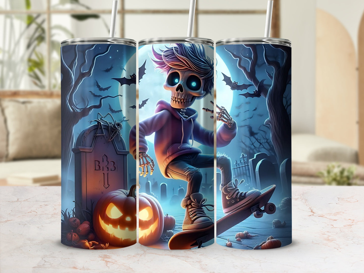 Skateboarding skeleton on a Halloween-themed tumbler with pumpkins and bats.