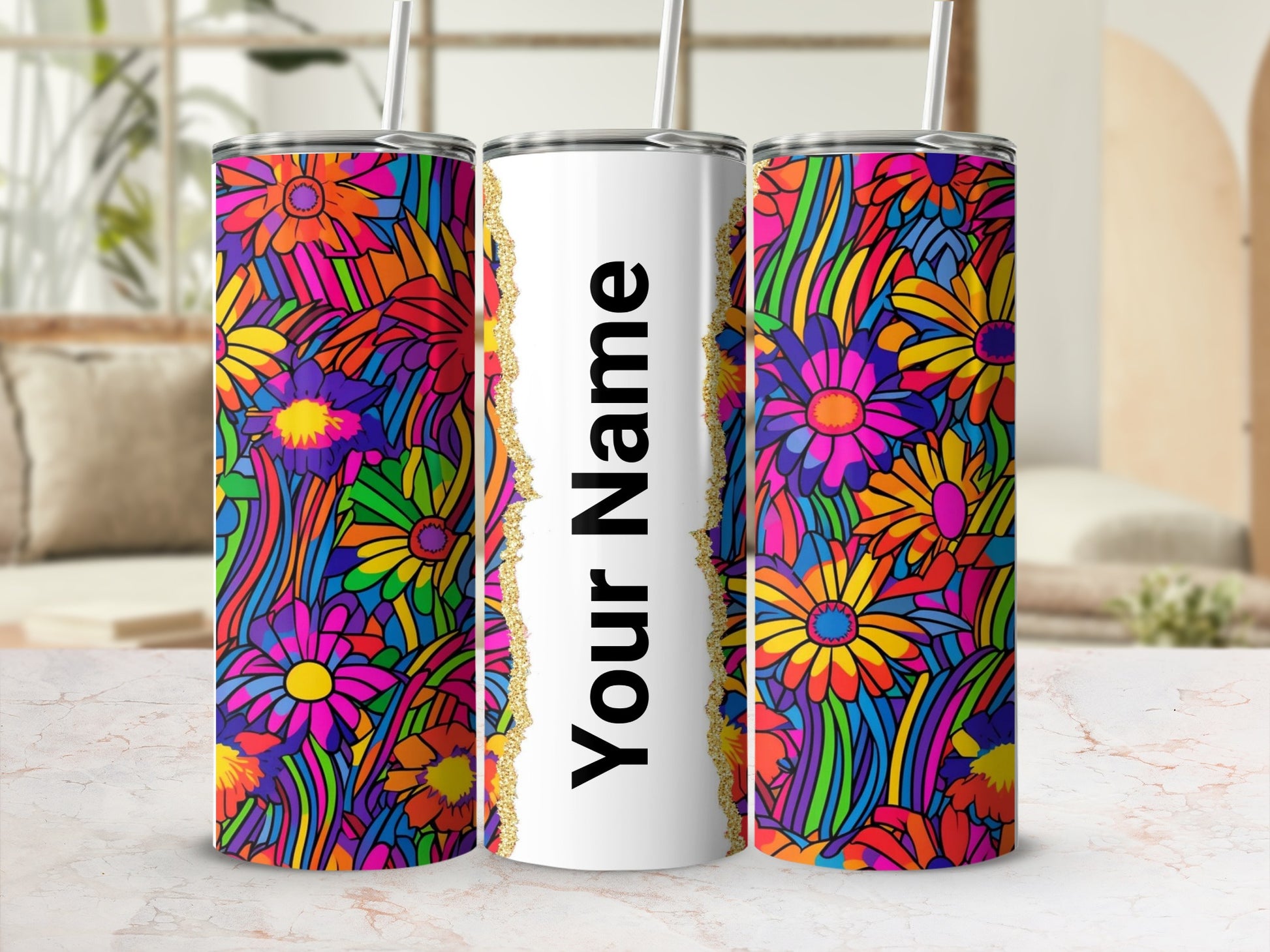 Personalized Rainbow Floral Your Name Tumbler