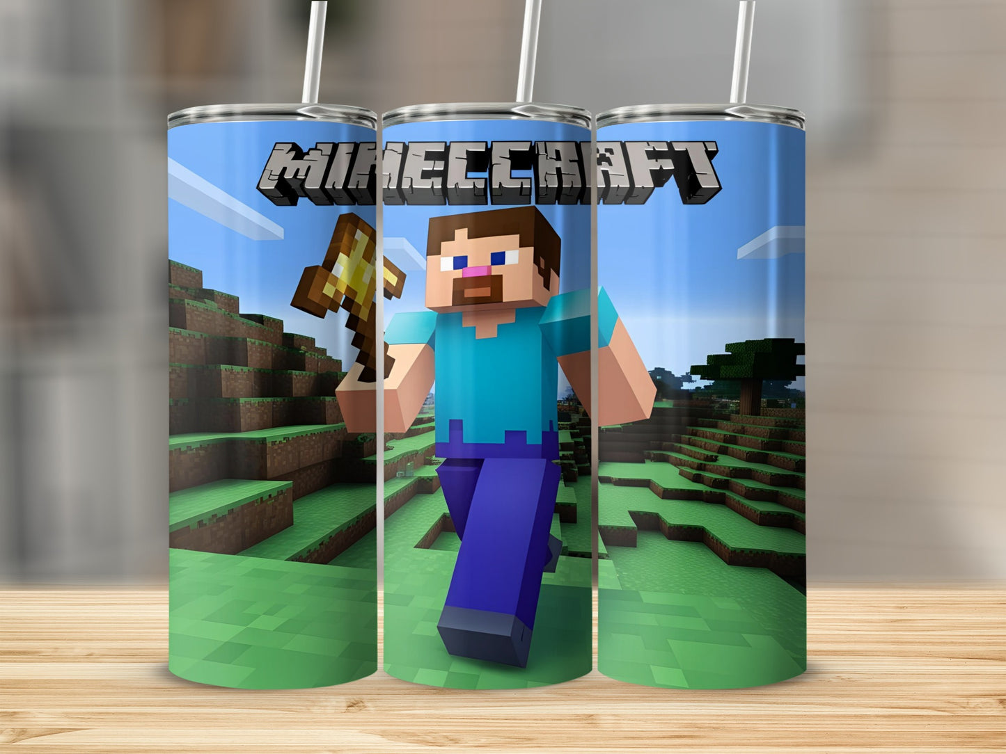 Minecraft Steve character running with an axe on a grassy landscape.