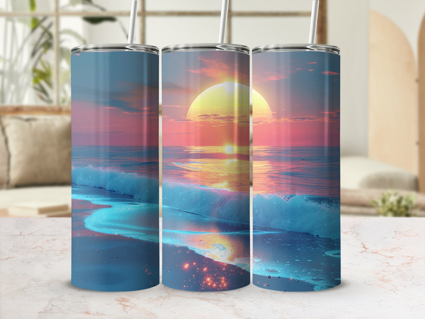 Ocean sunset on a tumbler with a straw.