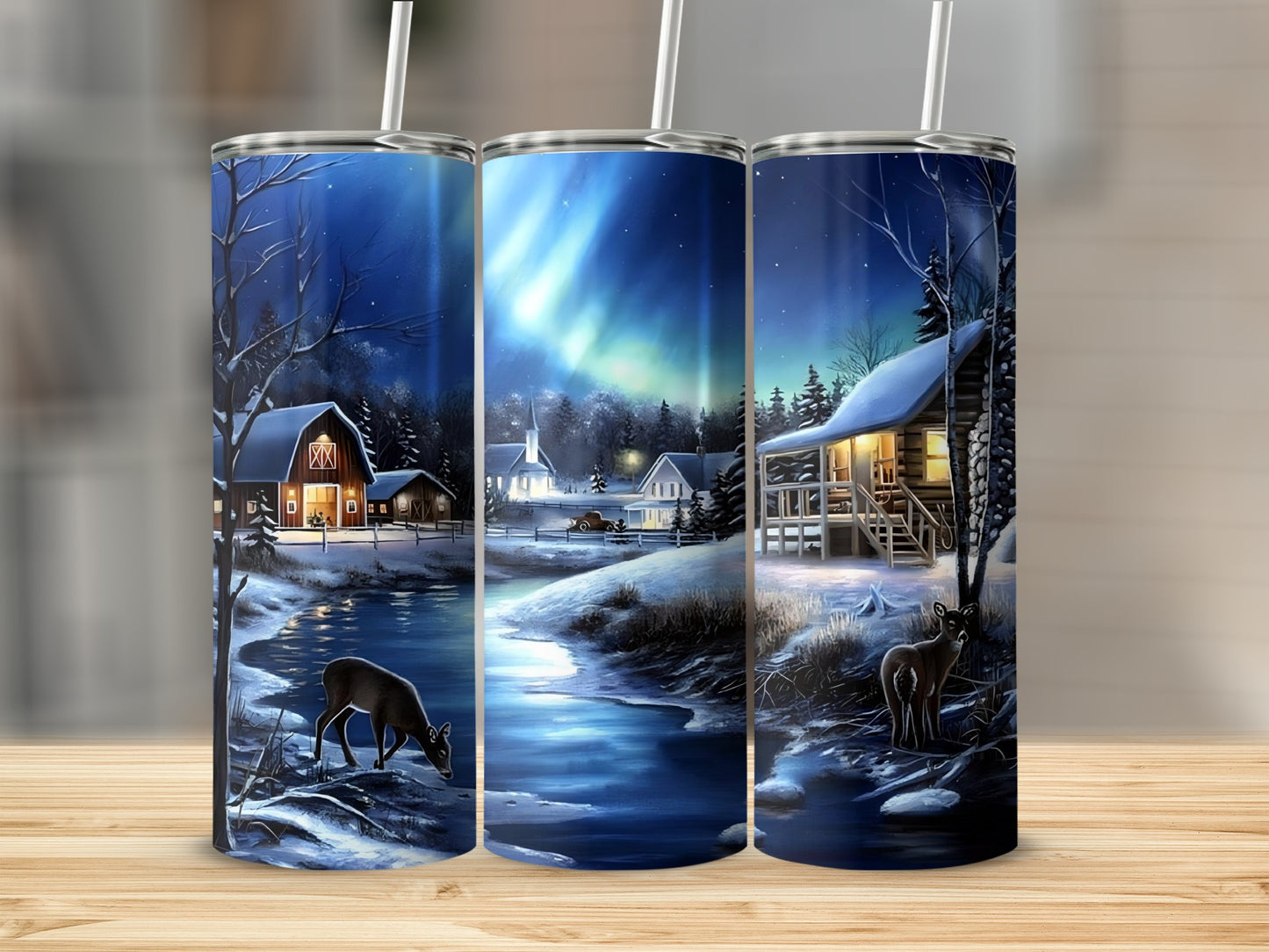 Winter Night Scene with Cabin and Deer Tumbler Product