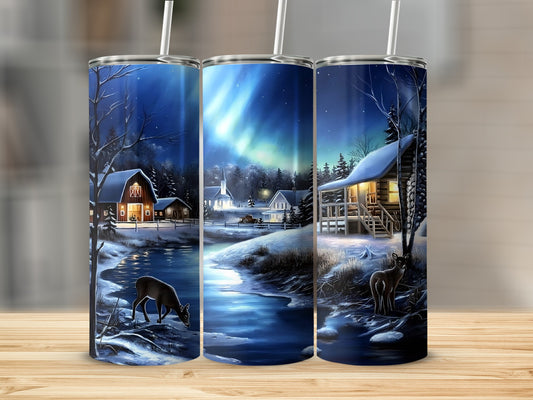 Winter Night Scene with Cabin and Deer Tumbler Product