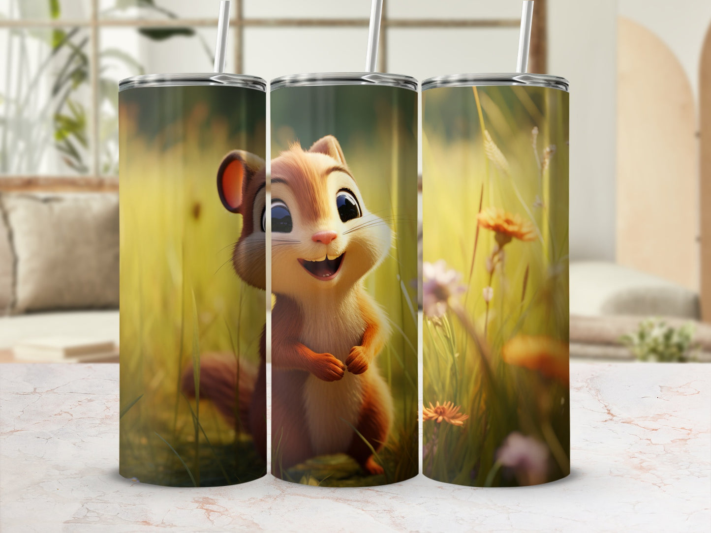 Cute Chipmunk with Flowers Insulated Tumbler Cup