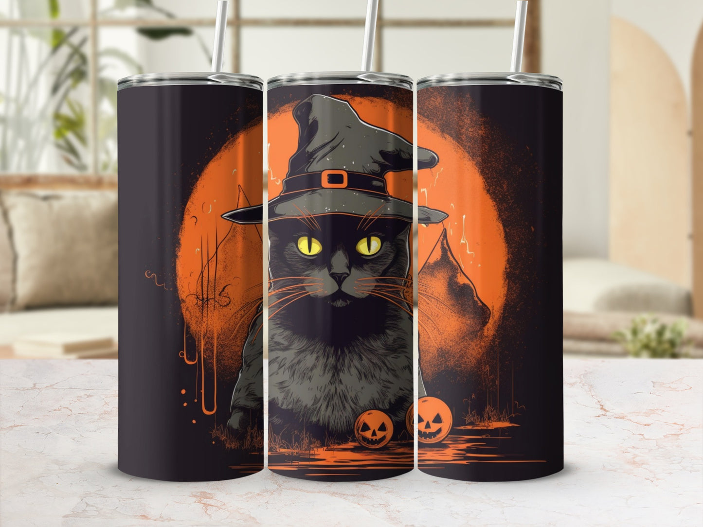 Black cat wearing a witch hat with pumpkins and a moon background.
