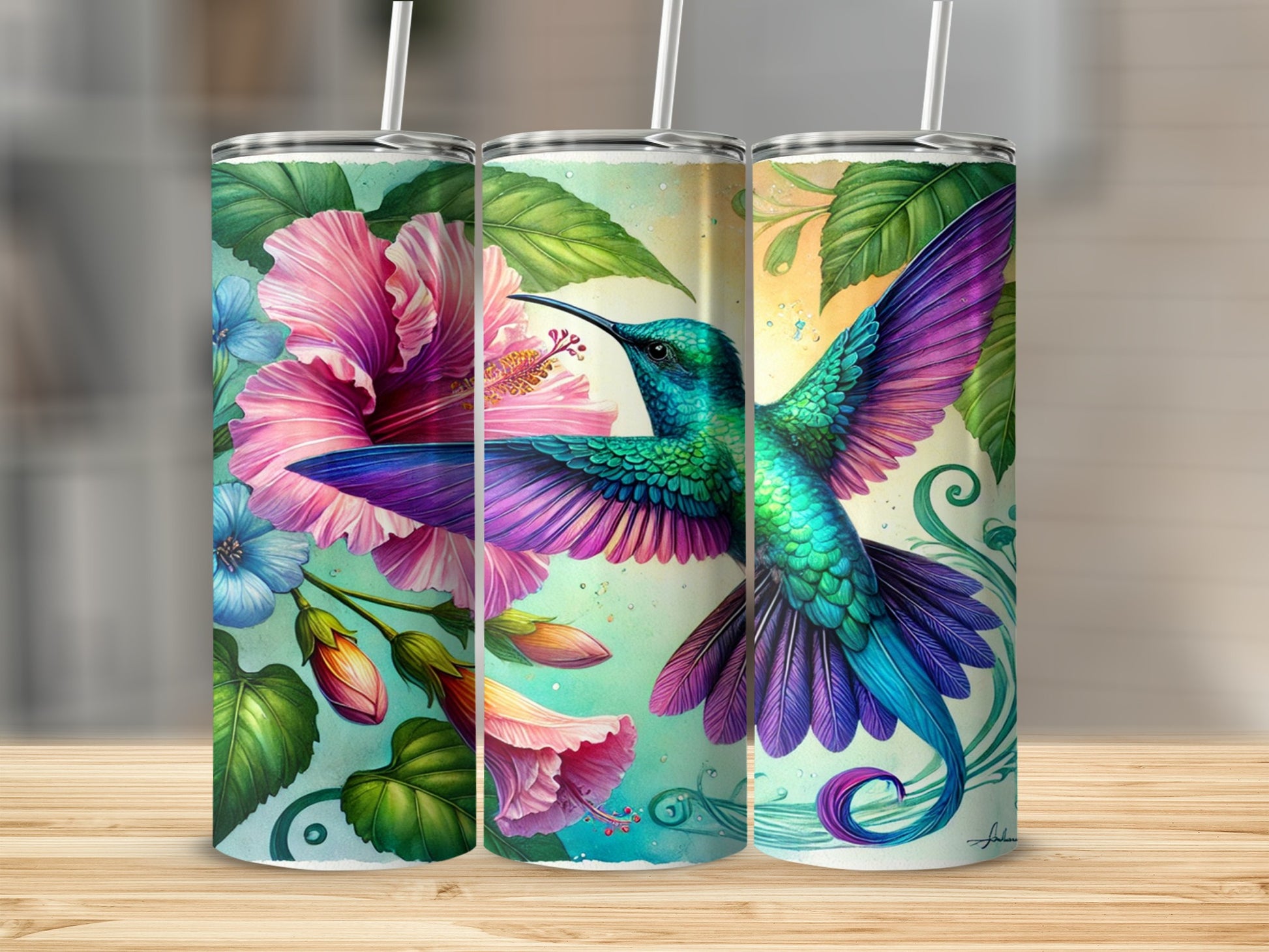 Vibrant Hummingbird and Flowers Design Tumbler