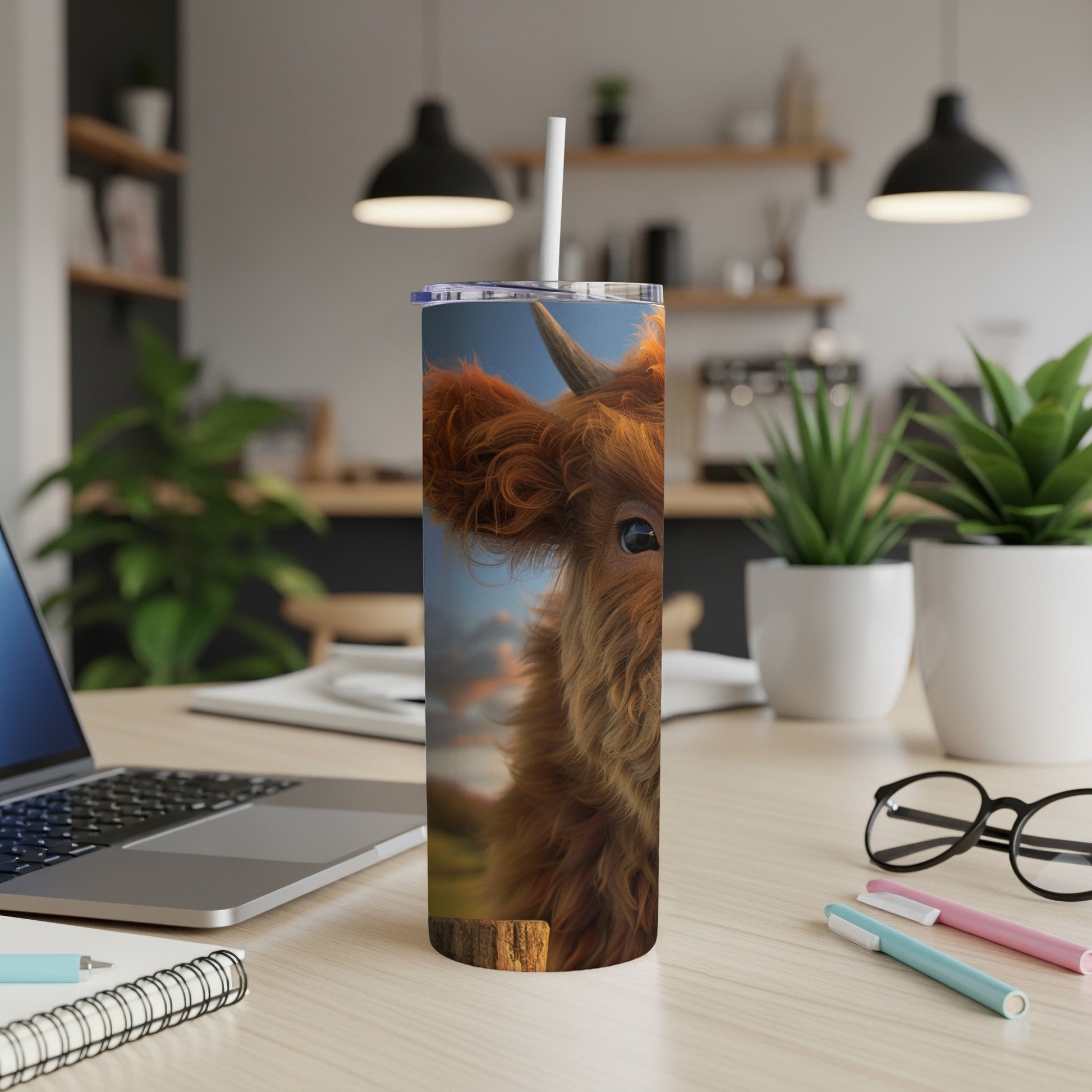 Highland cow tumbler with straw on a desk with a laptop and plants.