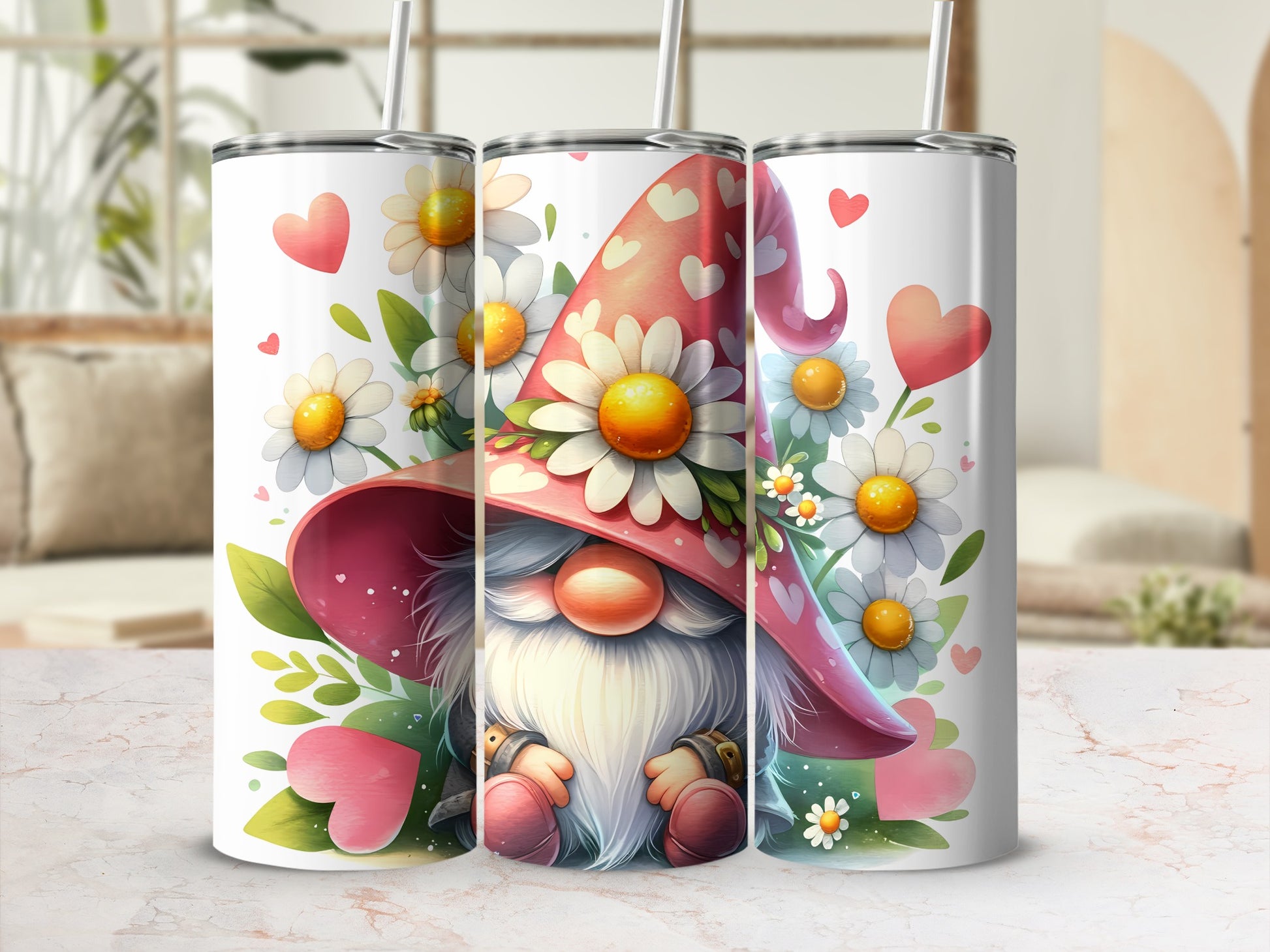 Three tumblers with a gnome and flowers design.