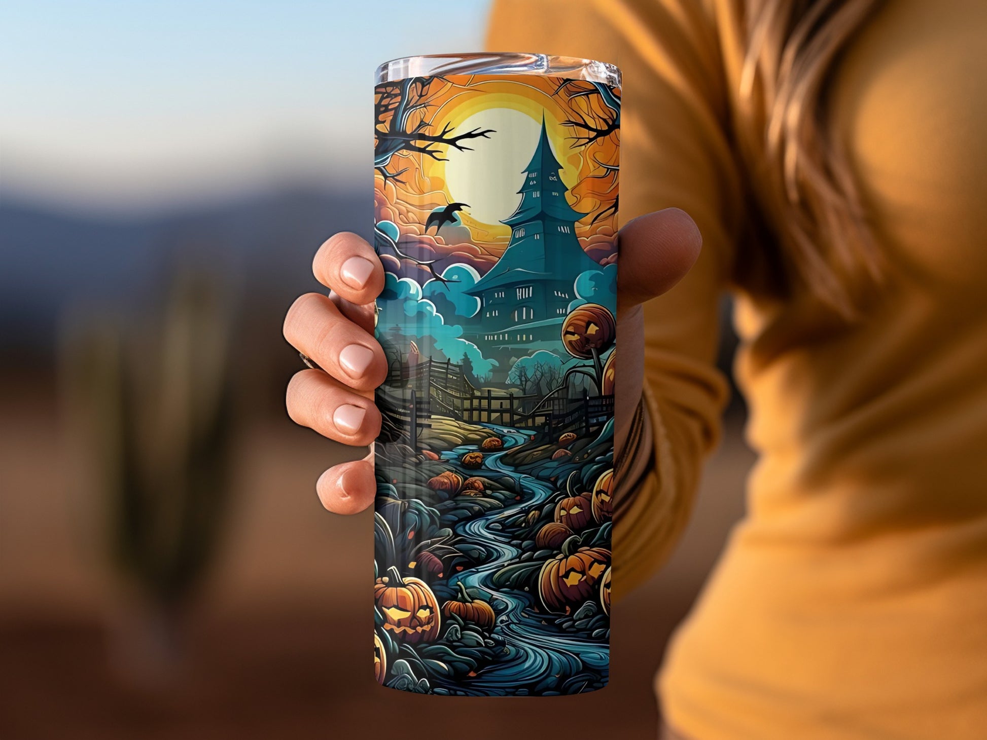 Spooky Haunted House and Pumpkins Design Tumbler