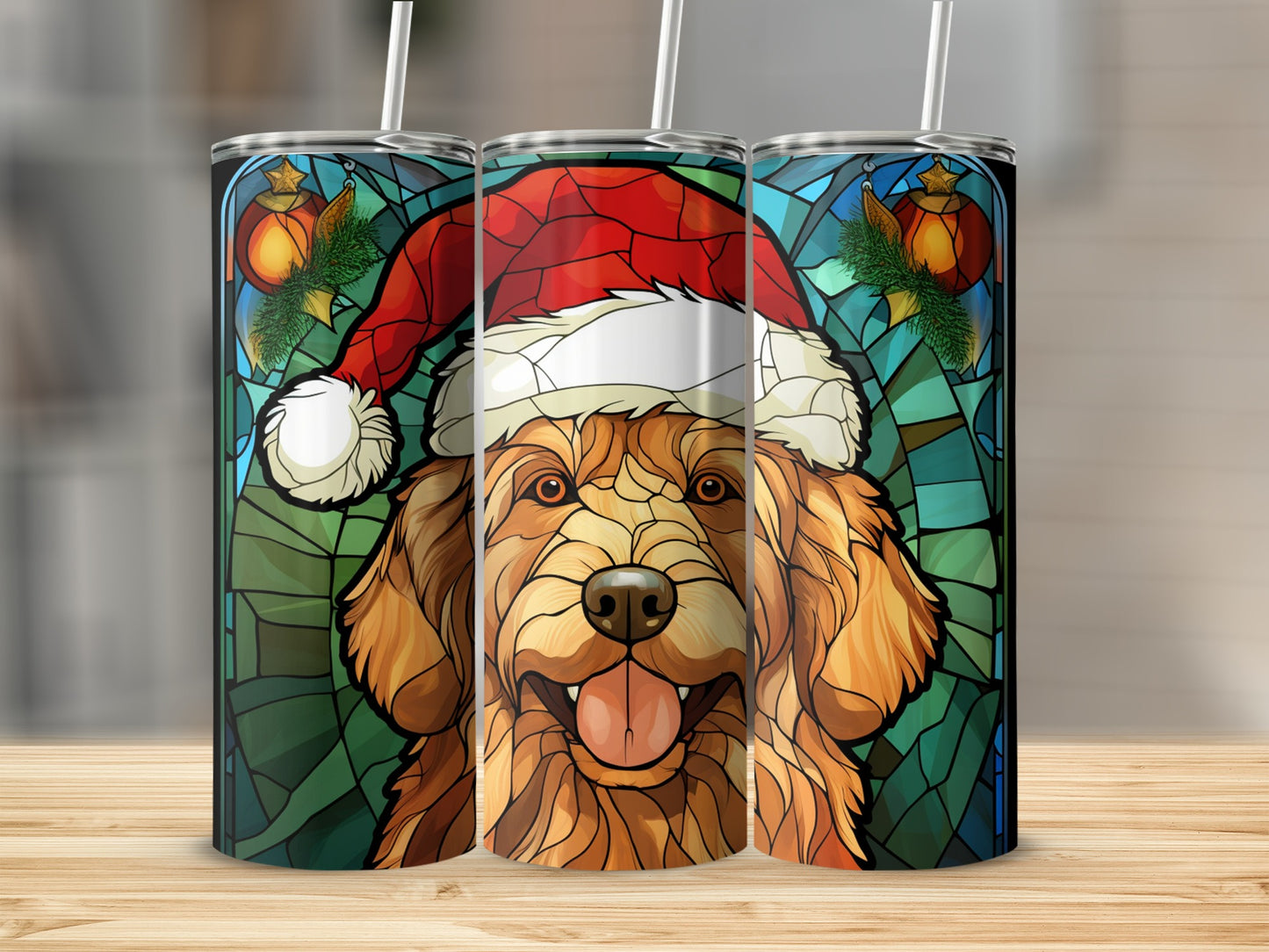 Golden Retriever wearing a Santa hat, depicted in stained glass style on three tumblers.