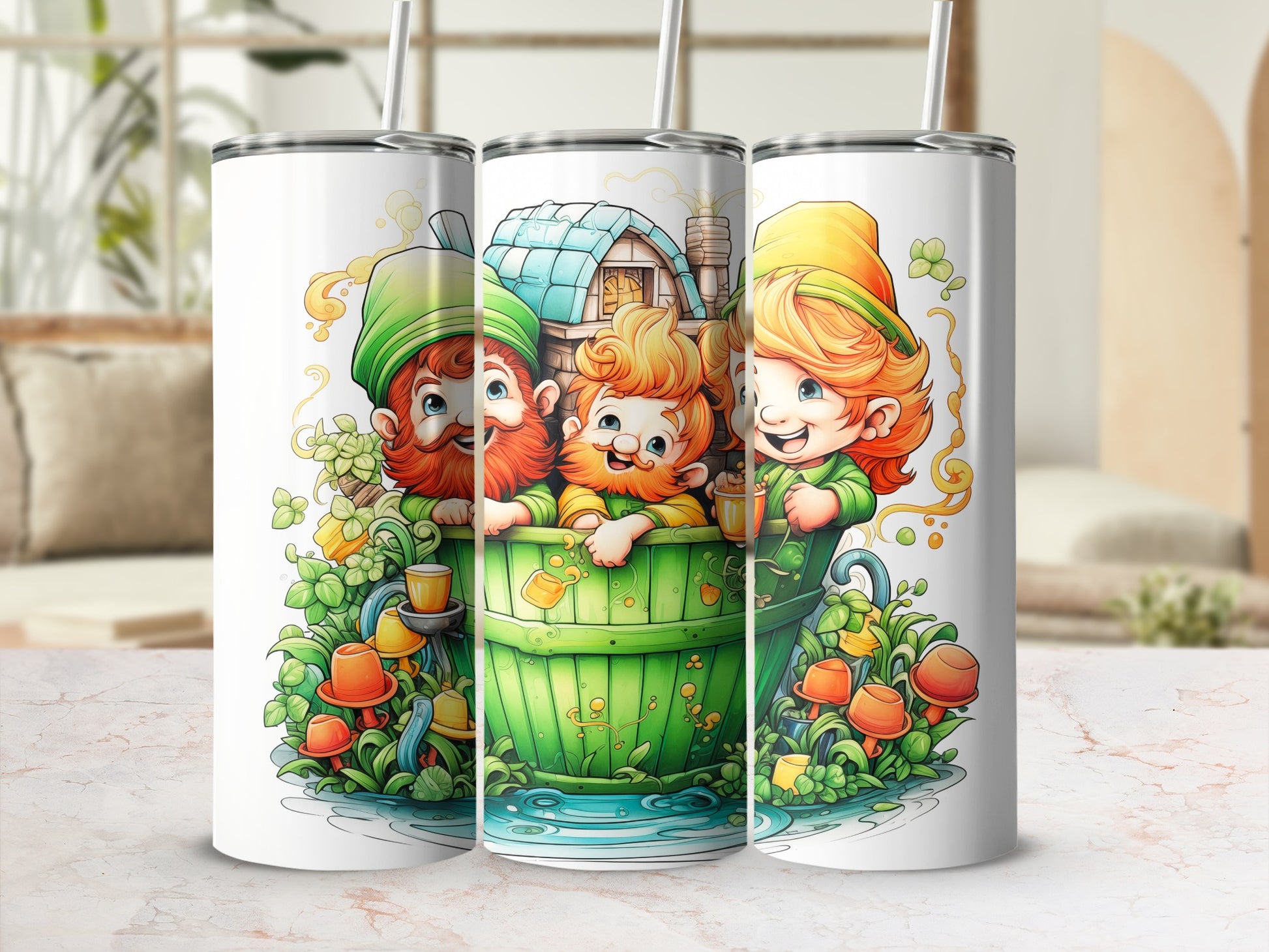 Three leprechauns in a tub with shamrocks and pots of gold.