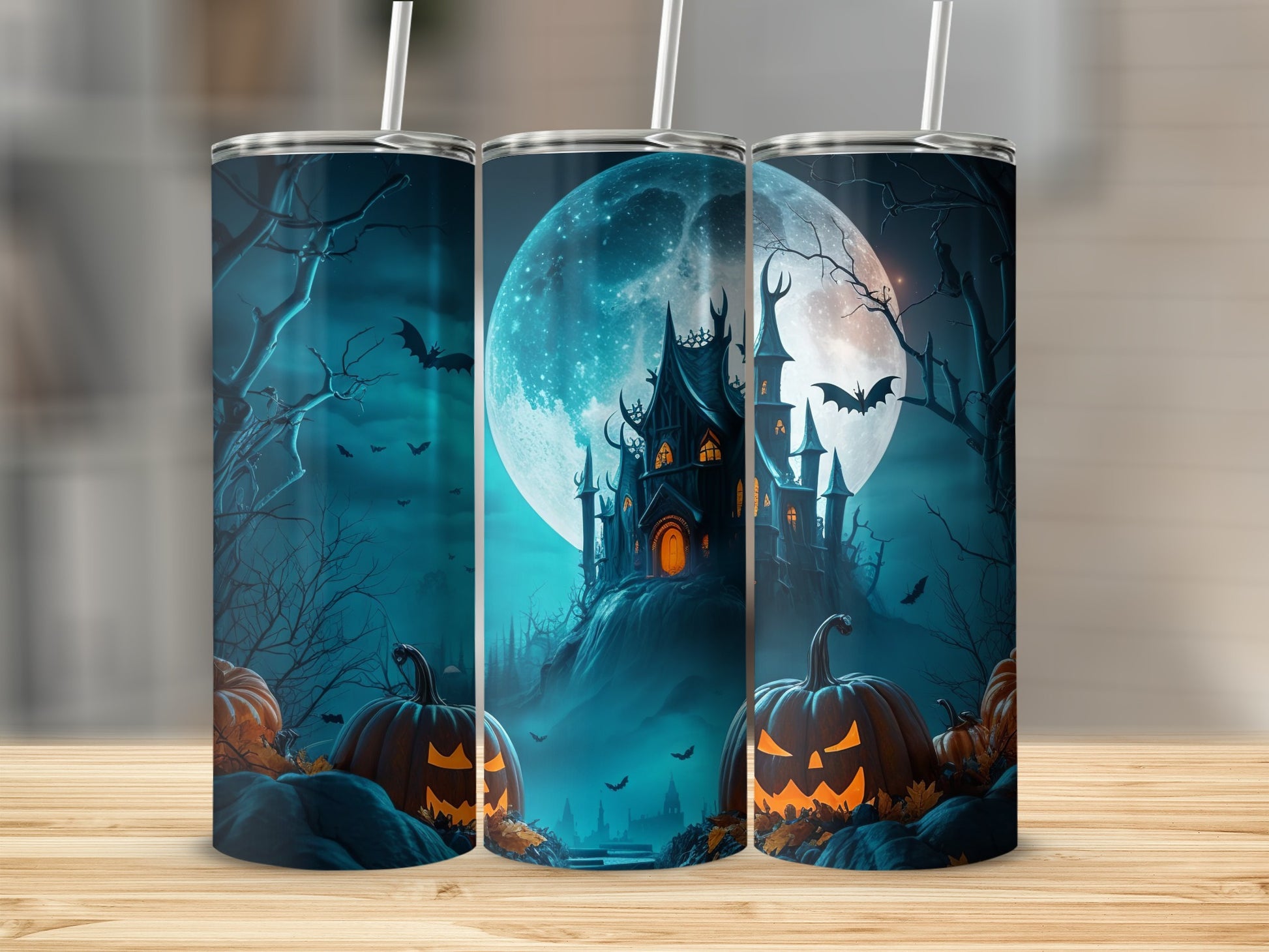 Spooky Halloween Haunted House and Pumpkins Tumbler