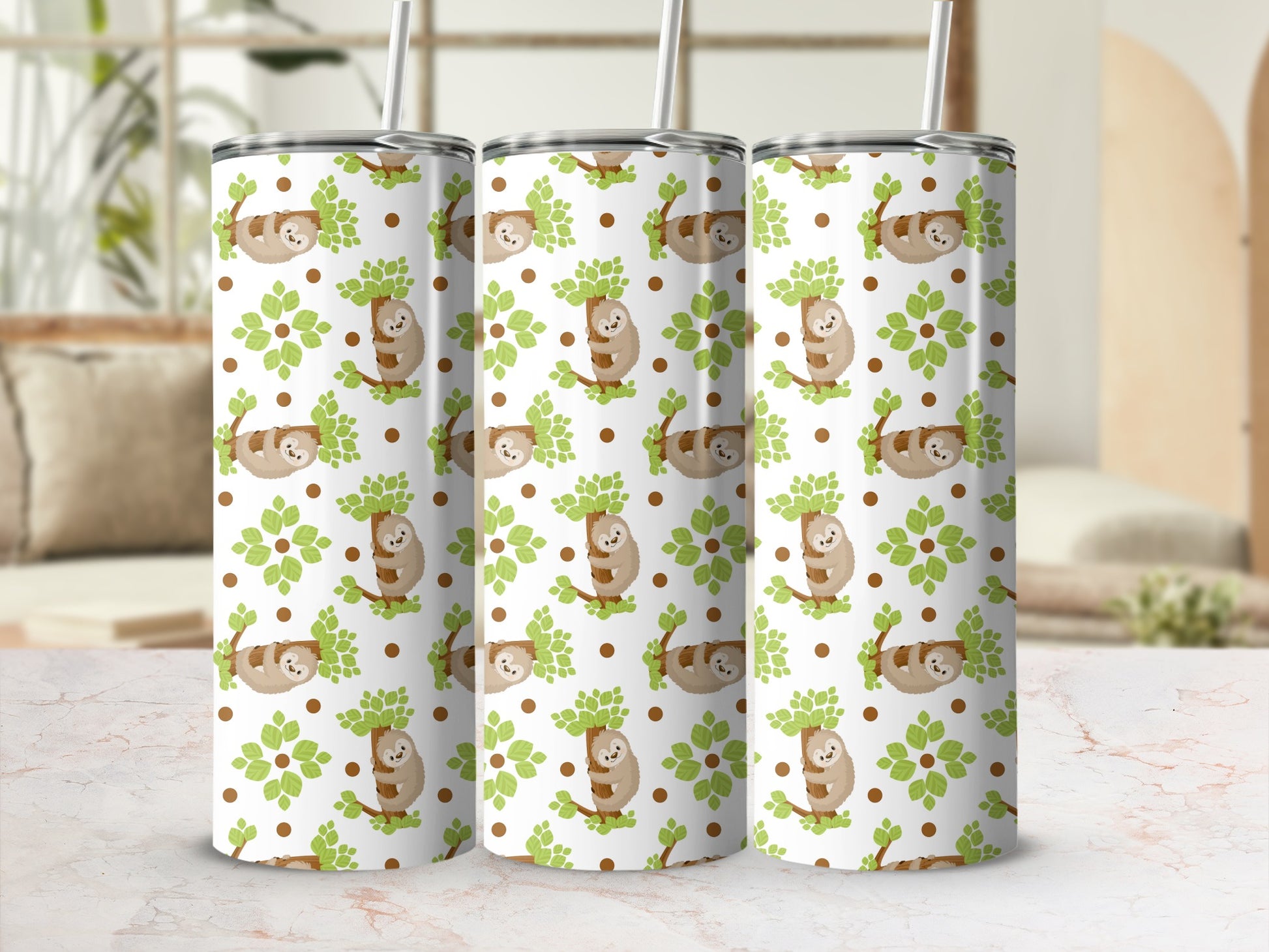 Three tumblers with a repeating pattern of cute sloths hanging from trees.