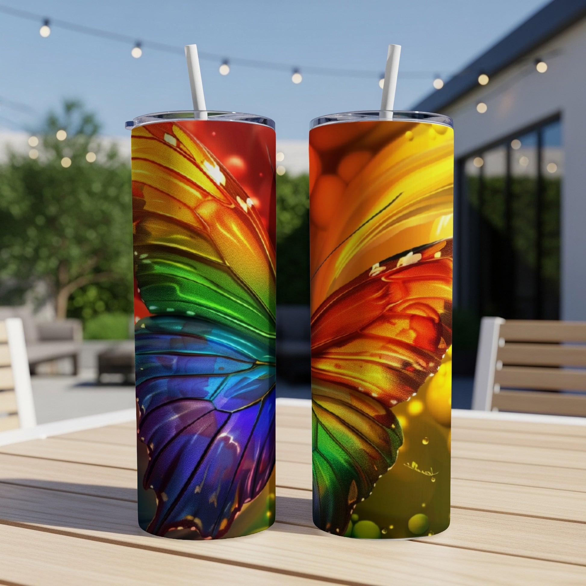 Two tumblers with rainbow butterfly wings design on a patio table.