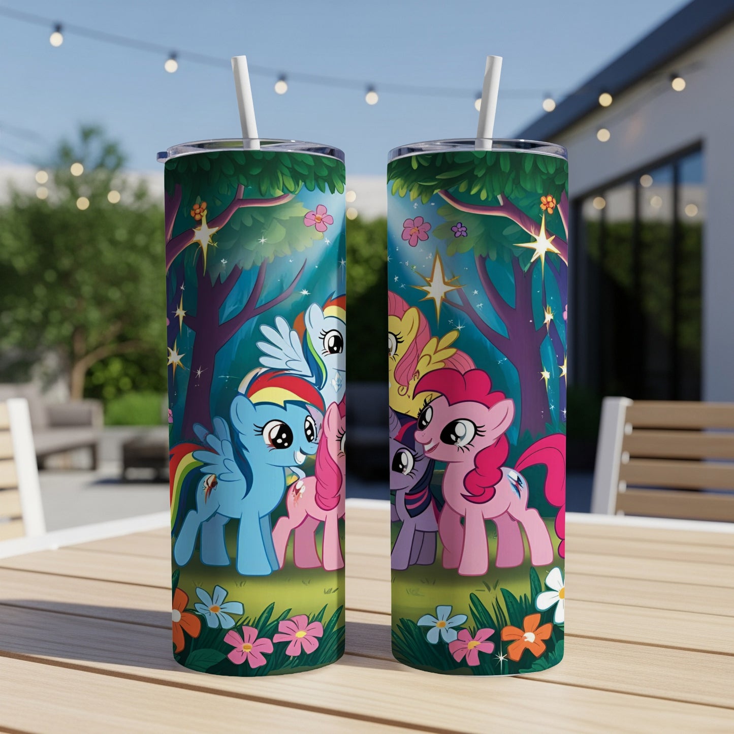 My Little Pony characters Rainbow Dash and Pinkie Pie on a forest background.