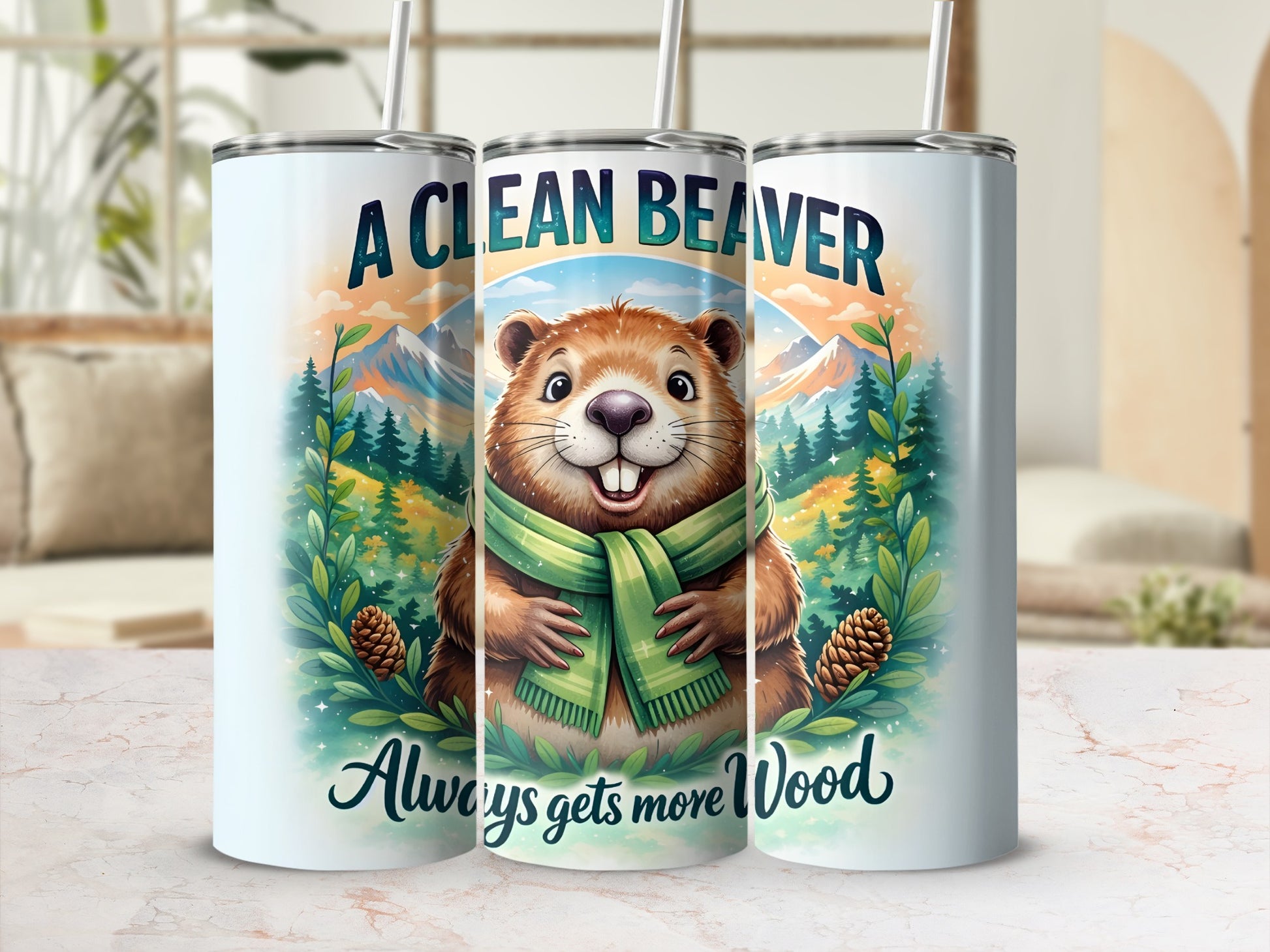 A clean beaver wearing a scarf, with pine trees and mountains.