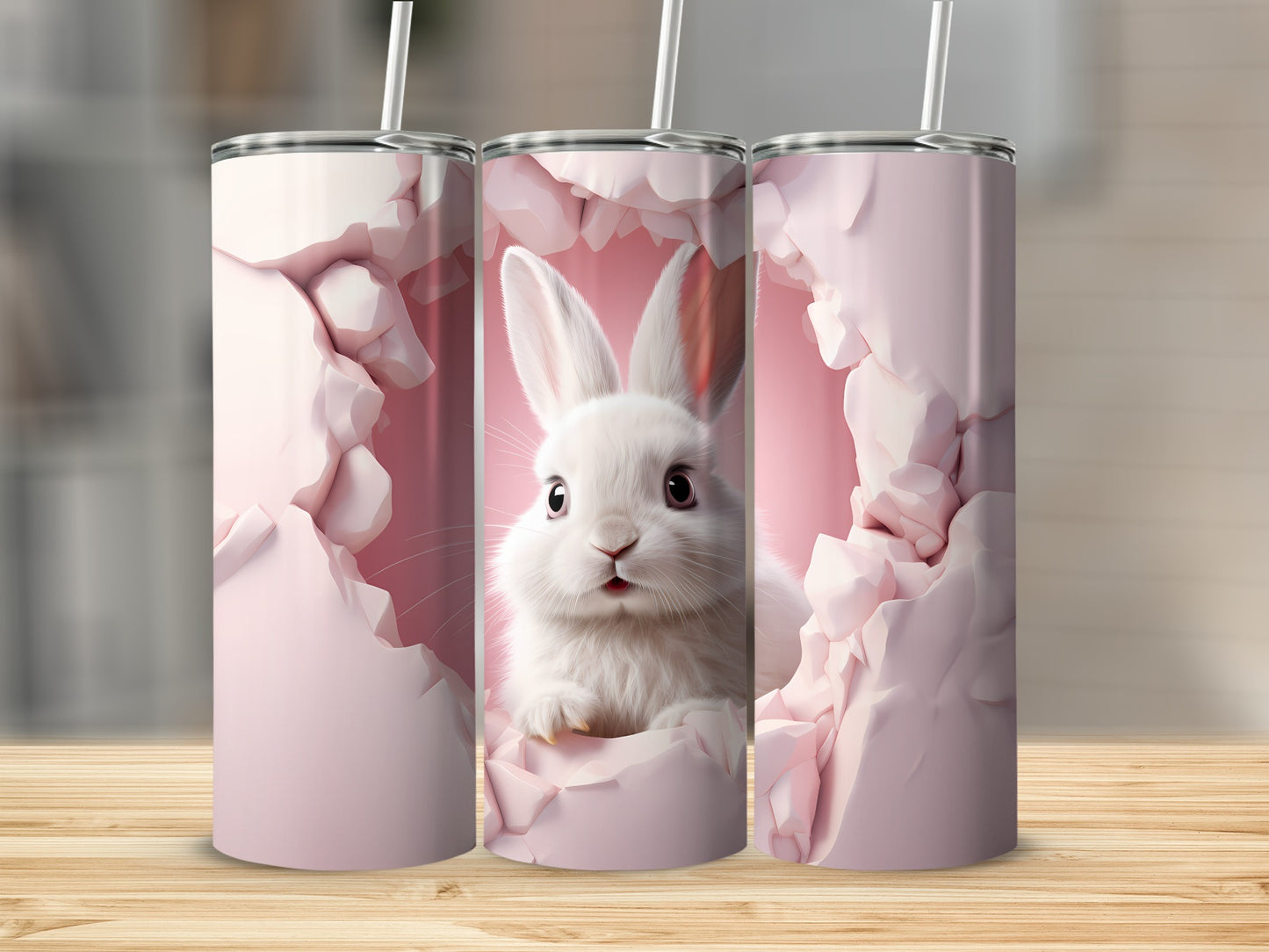 Adorable Rabbit Breaking Through Pink Wall Tumbler Product