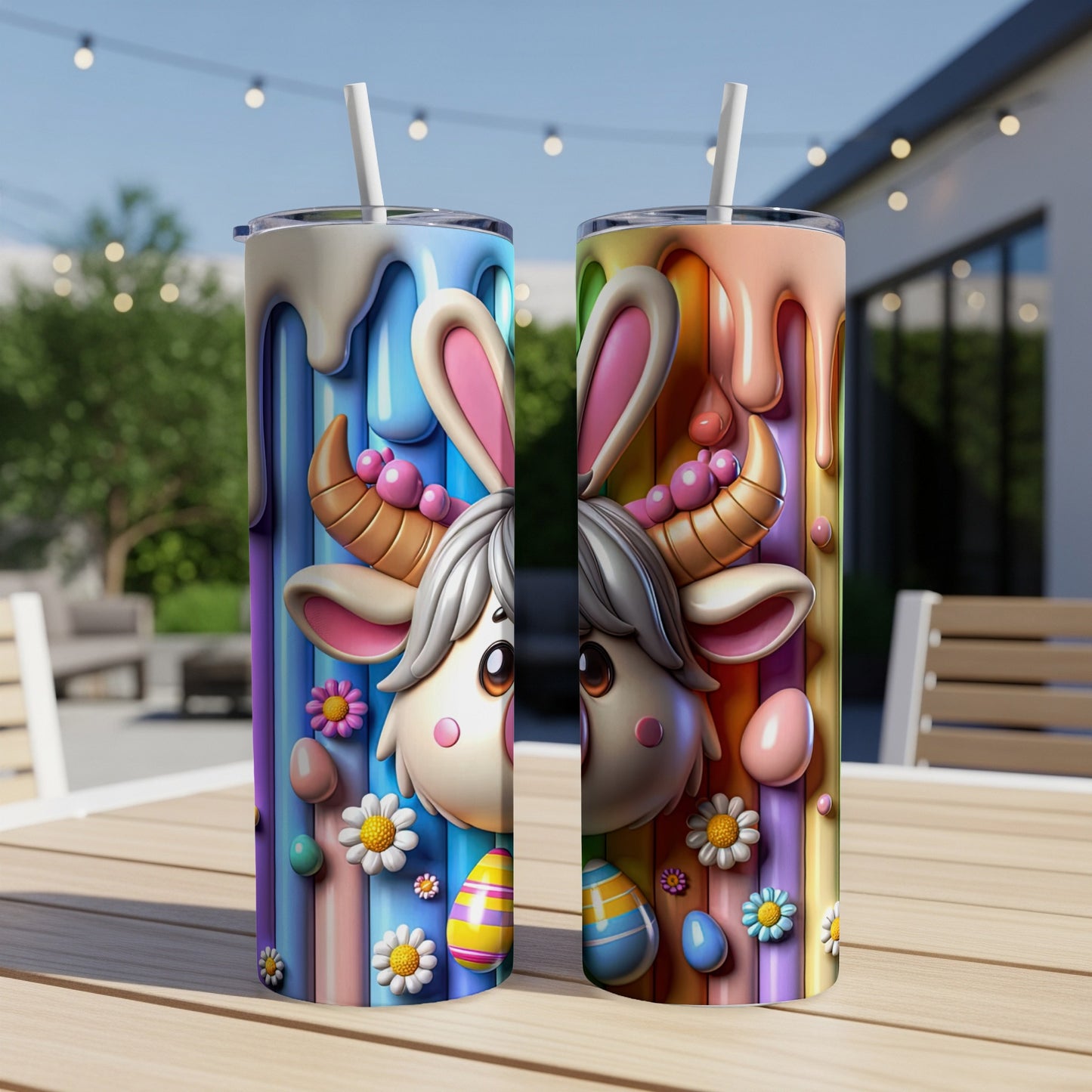 Two Easter-themed tumblers featuring a cow-bunny hybrid with colorful drips.