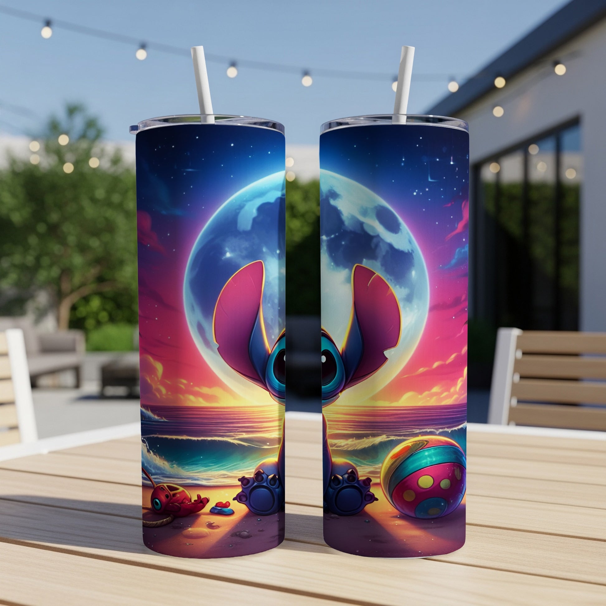 Two tall tumblers featuring Stitch on a beach with a large moon.