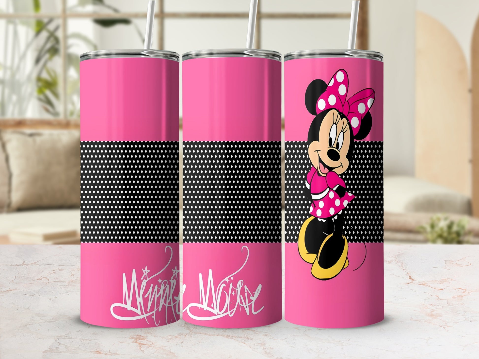 Pink tumbler with Minnie Mouse graphic and "Winnie Mouse" text.