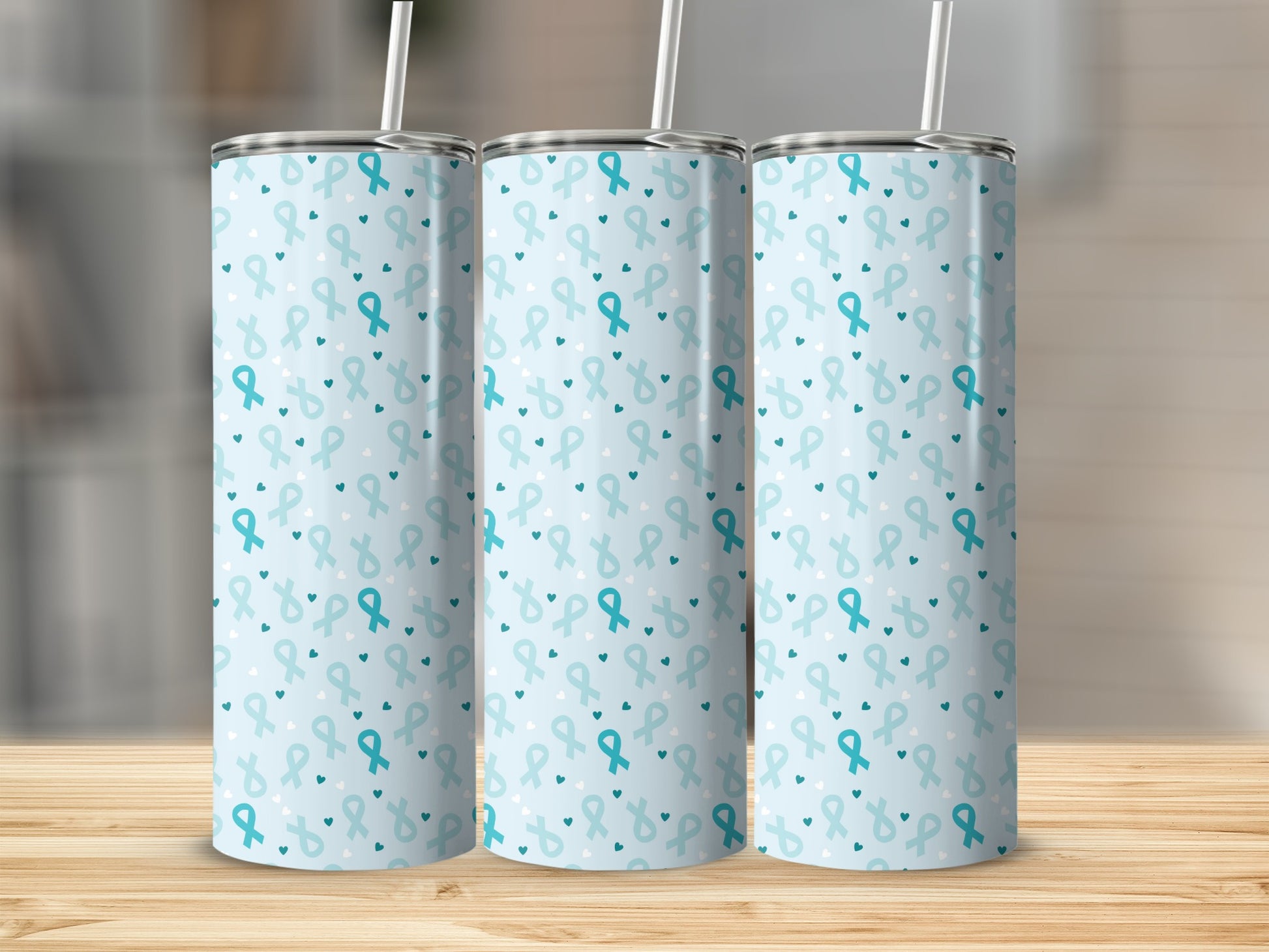 Teal Awareness Ribbon Pattern Designed Tumbler