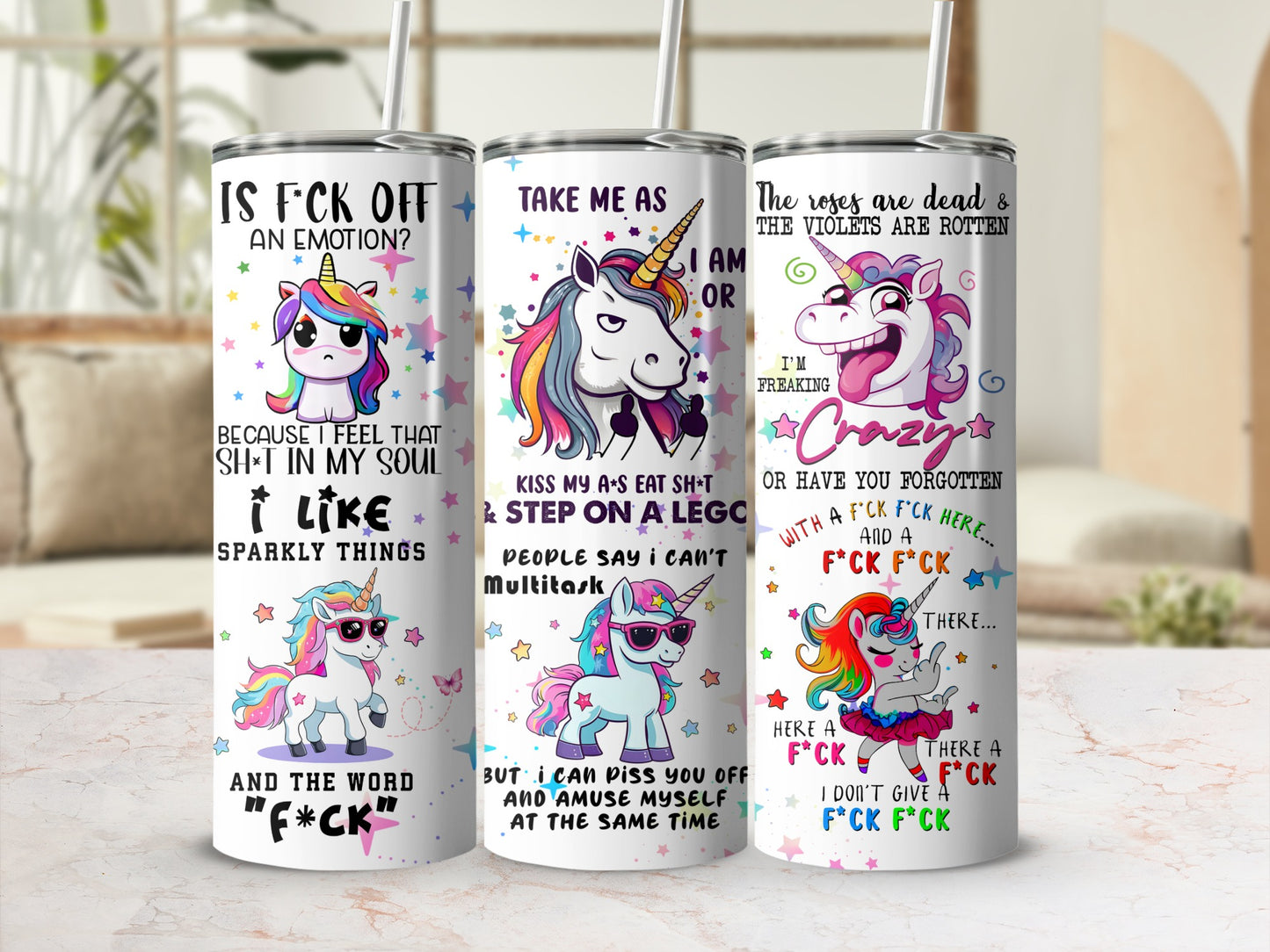 Funny Unicorn Themed Tumblers with Humorous Text Design