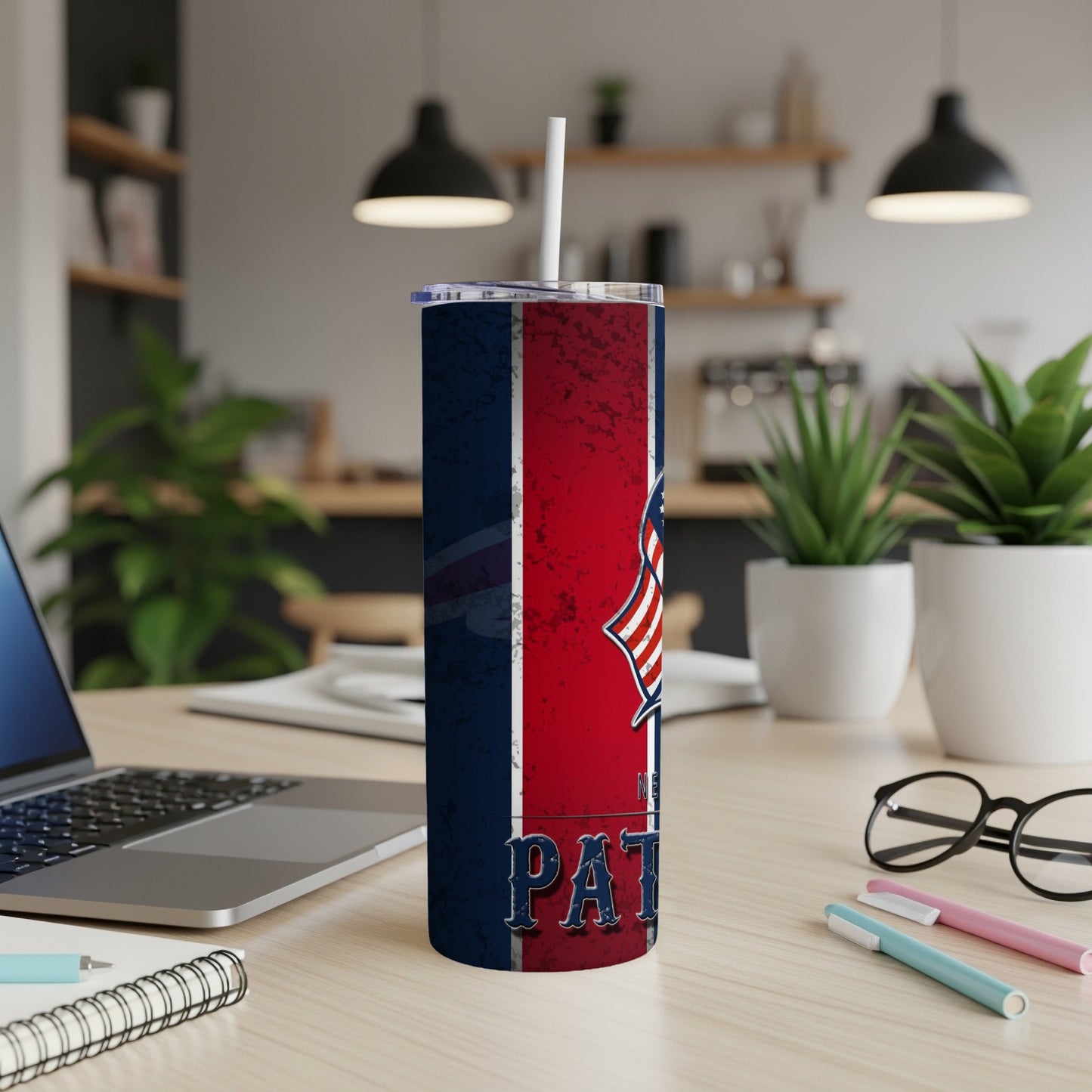 New England Patriots tumbler with distressed flag design and text.