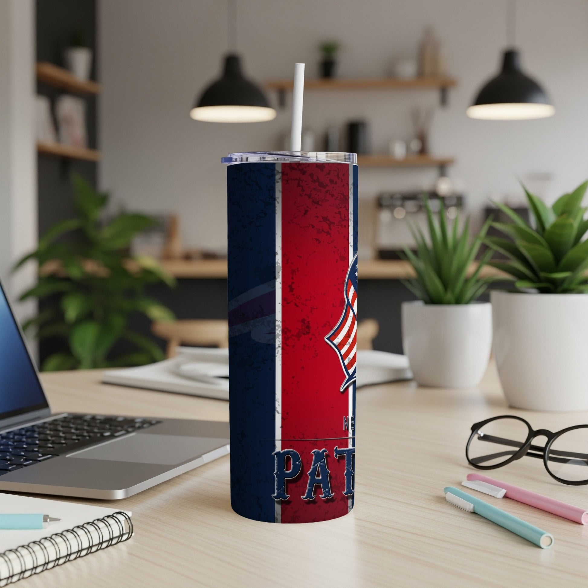 New England Patriots tumbler with distressed flag design and text.