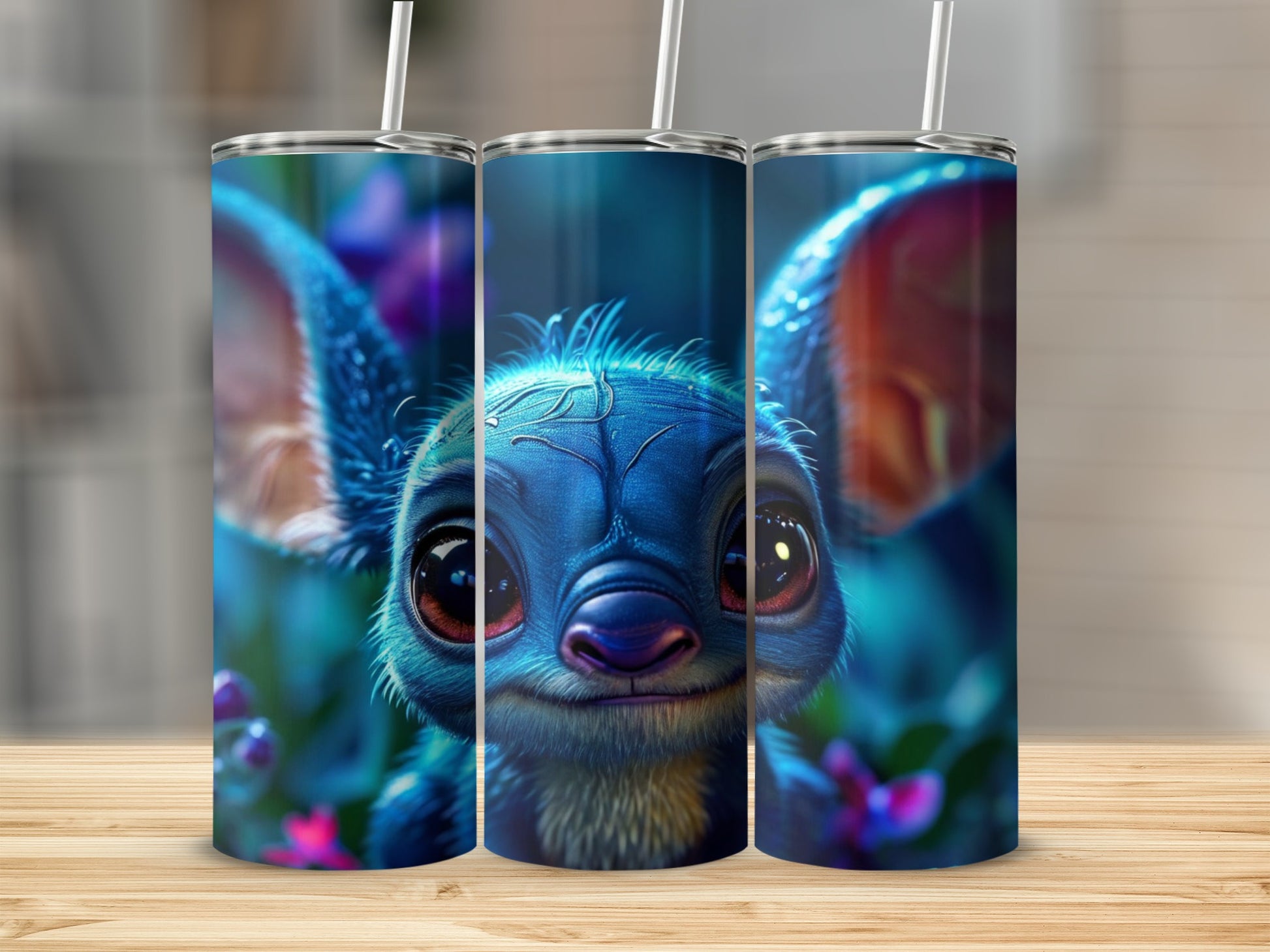 Blue alien character with large ears and big eyes, against a blurred floral background.