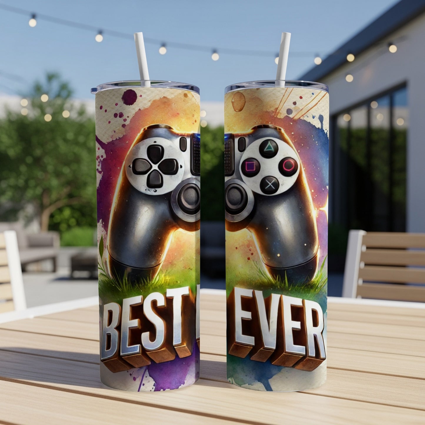 Two gaming controllers with "BEST EVER" text on a watercolor background.