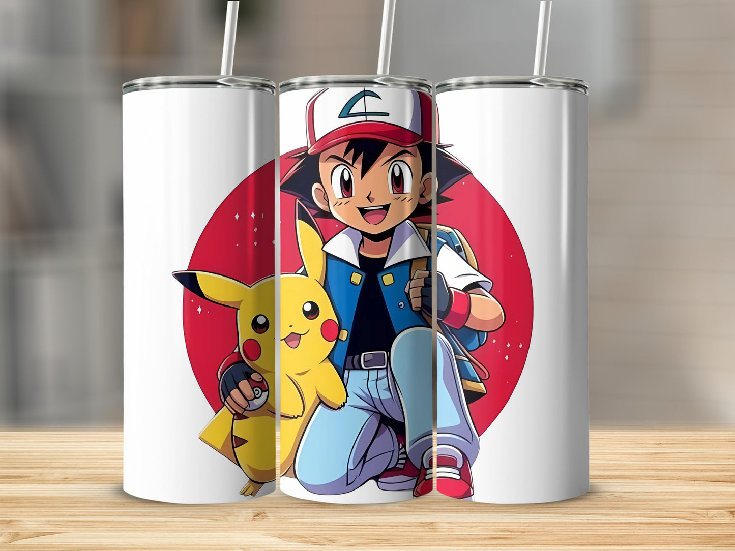 Ash and Pikachu Red Circle Design Tumbler Product