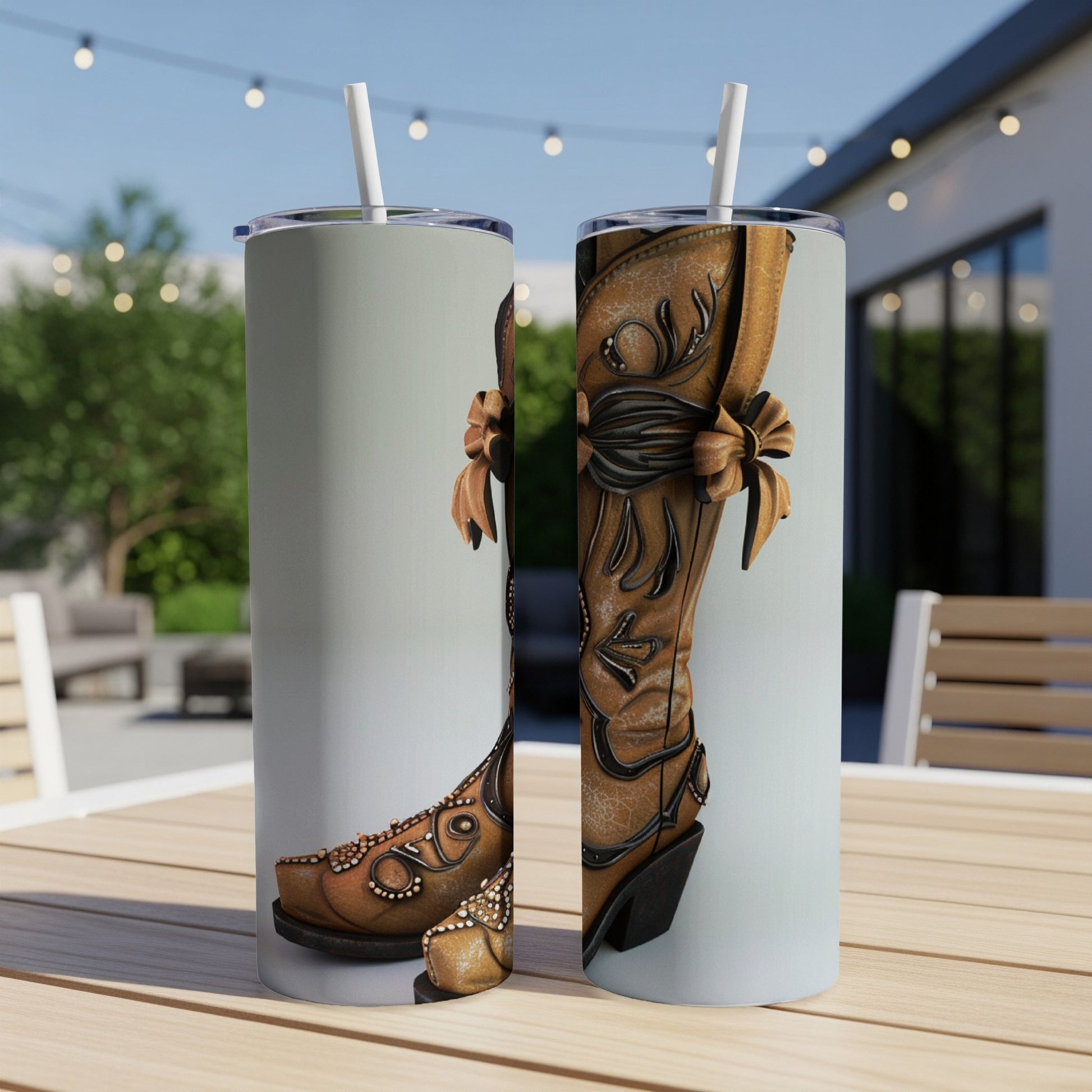 Brown cowboy boot tumbler with intricate detailing and straw.
