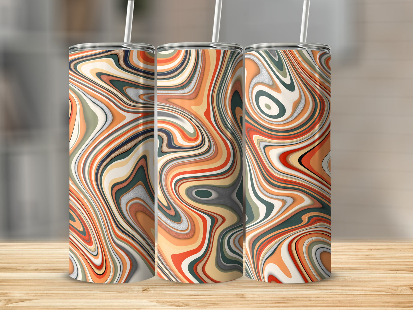 Abstract Swirls of Color Orange Green and Beige Tumblers