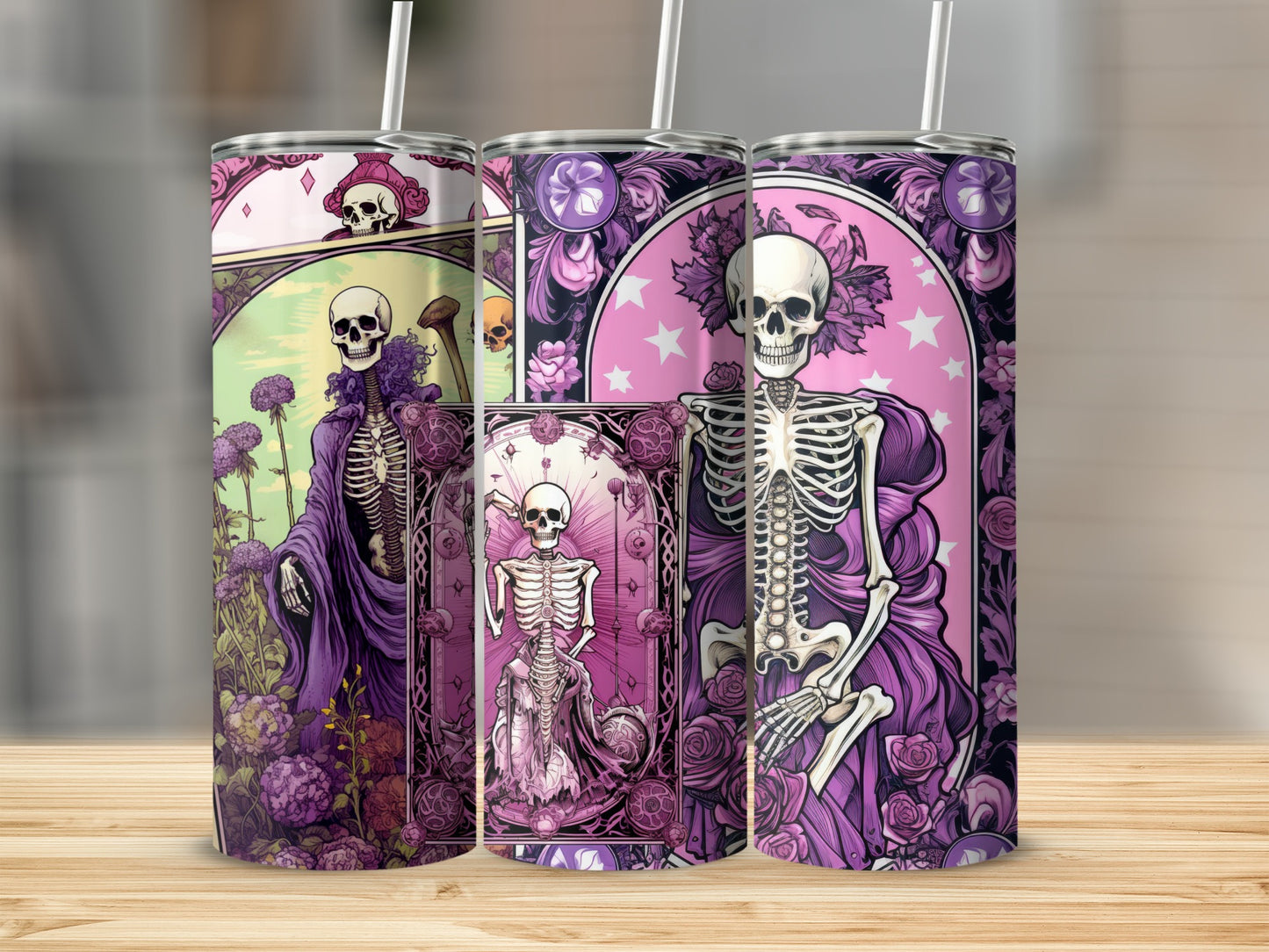 Gothic Skeleton and Flowers Design Tumbler