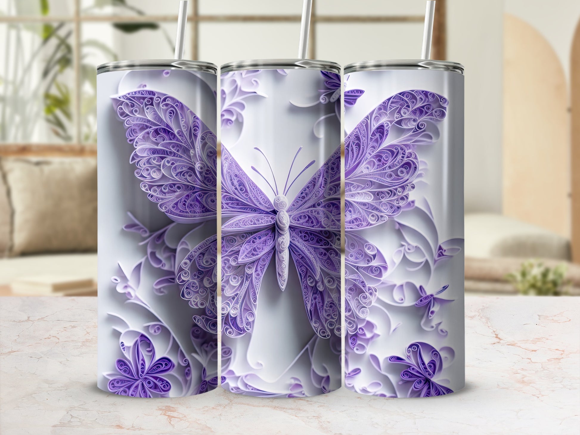 Purple filigree butterfly design on a white tumbler.
