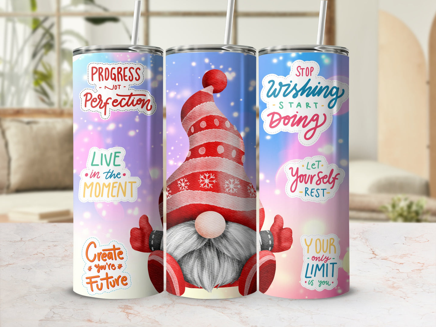 Motivational Gnome Tumbler with Progress Not Perfection Quotes