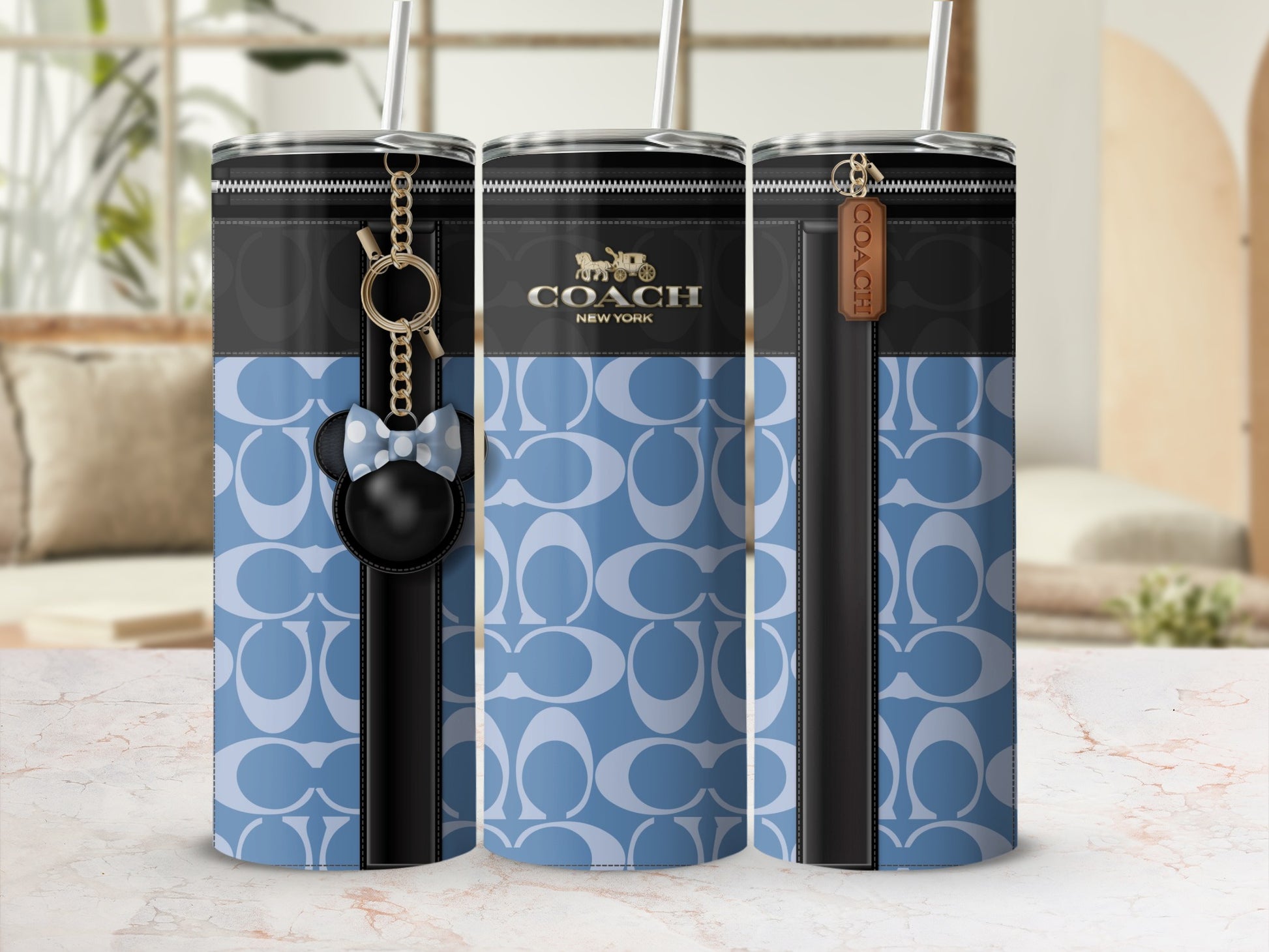 Coach Blue Pattern Tumbler with Zipper Detail and Charm