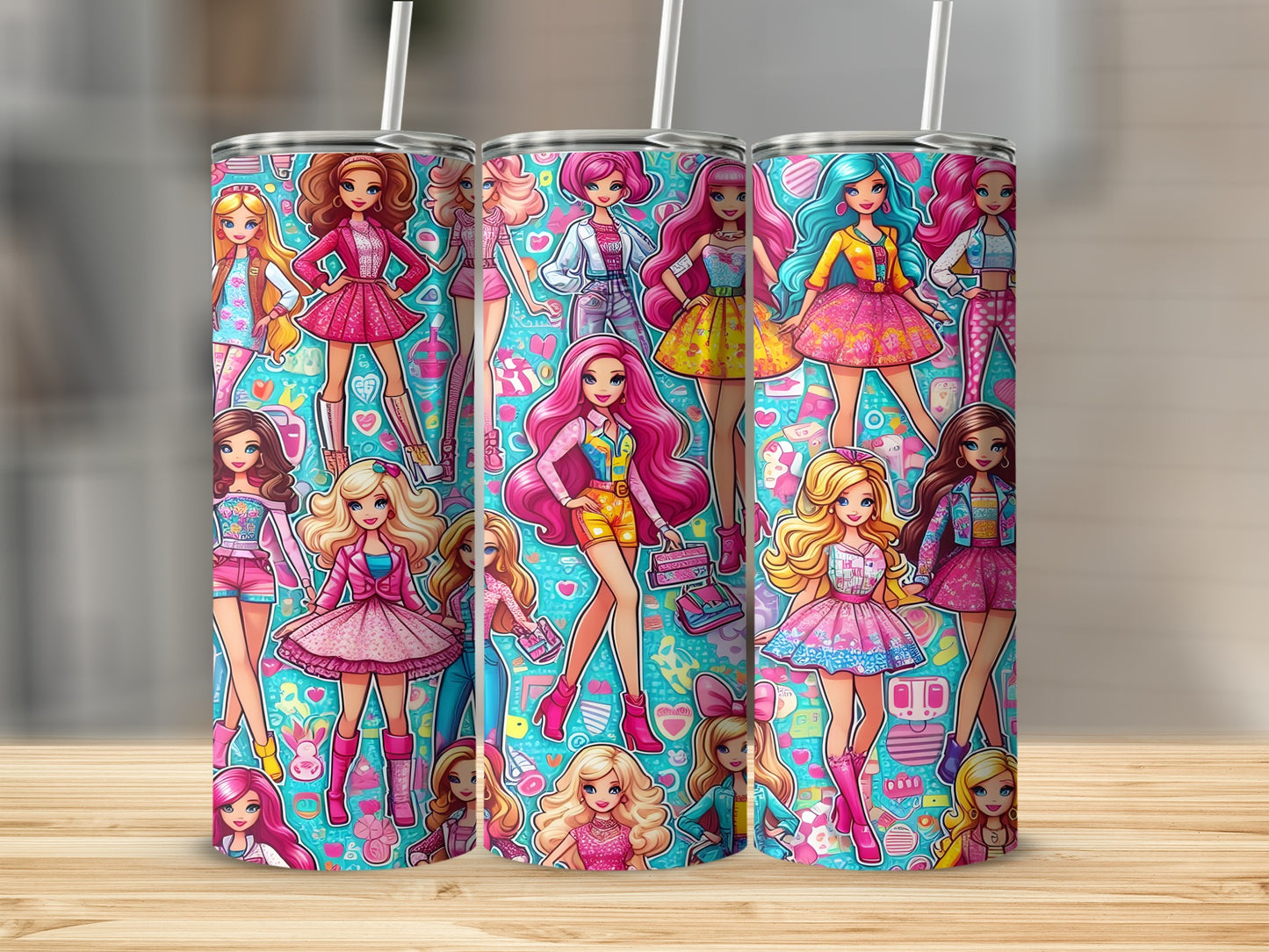 Three Barbie dolls with colorful outfits on a patterned background.
