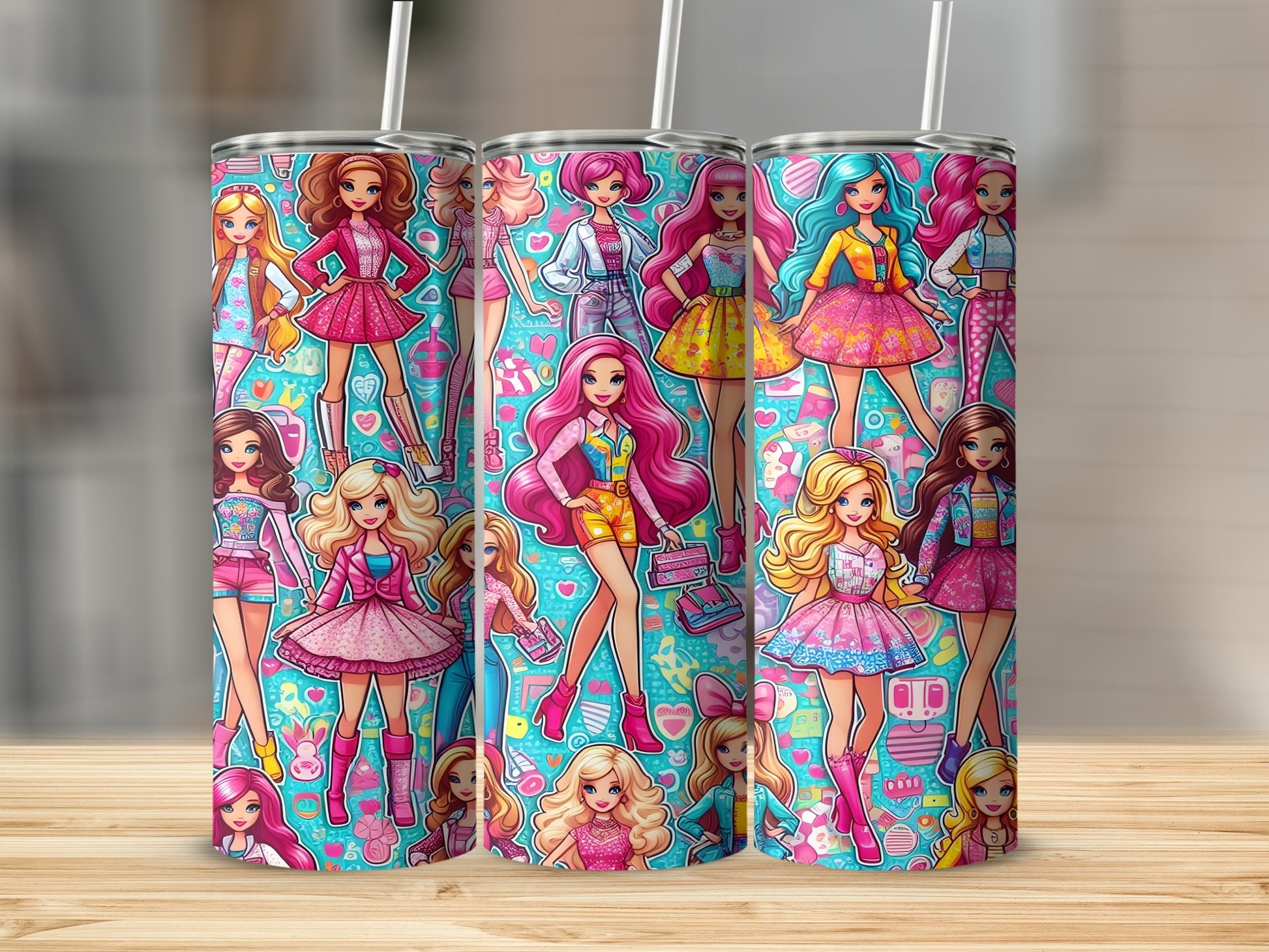 Three Barbie dolls with colorful outfits on a patterned background.