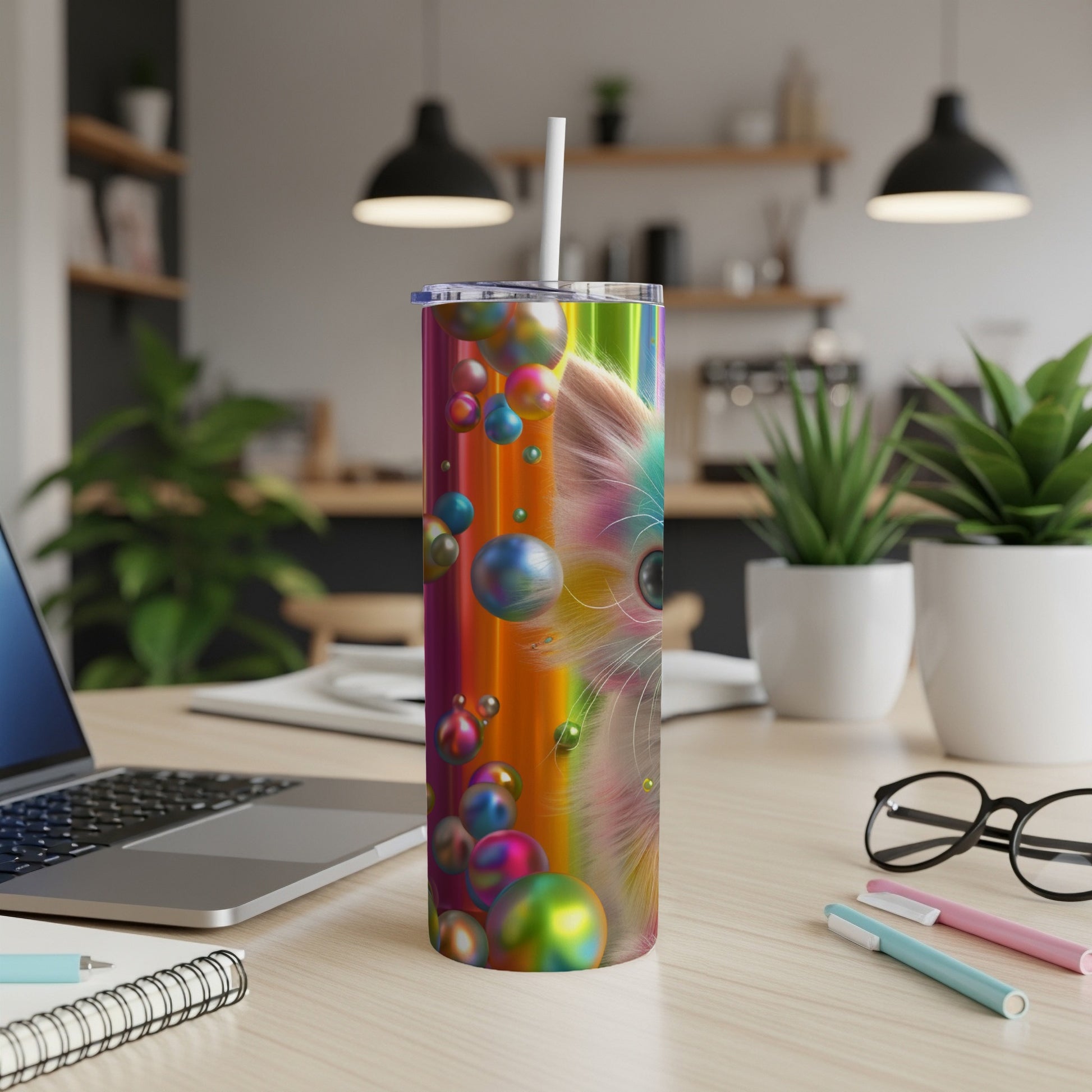 Rainbow bubble pattern on a white tumbler with a cat's eye.
