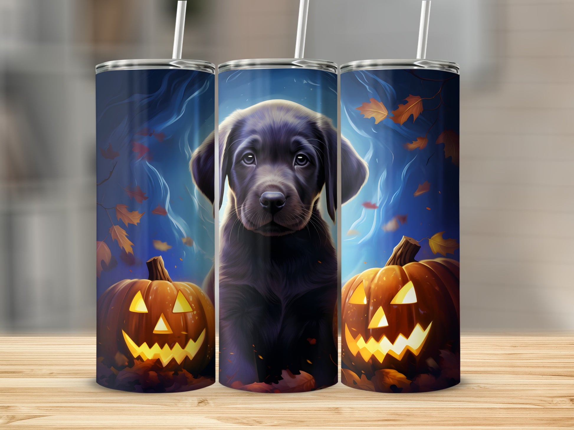 Three tumblers feature a black lab puppy with jack-o'-lanterns and fall leaves.