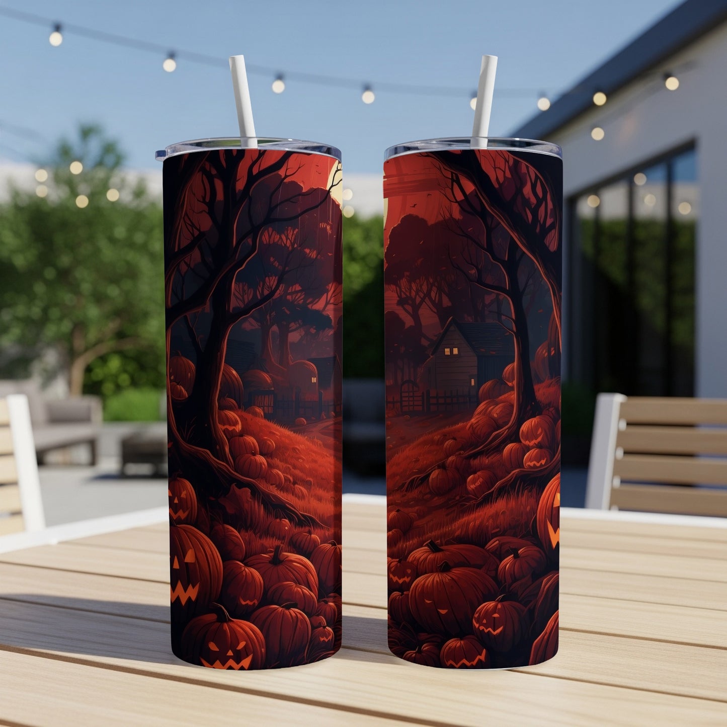 Two tumblers with a spooky Halloween forest and jack-o'-lantern design.