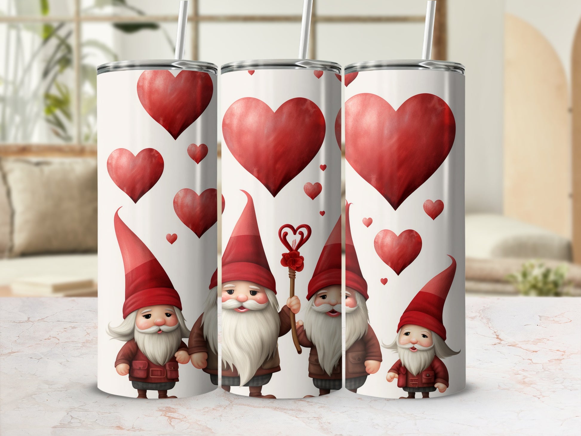 Gnome and Hearts Themed Design on Reusable Tumbler