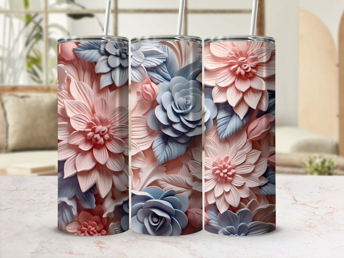 Elegant Floral Design Tumblers with Straws Drinkware